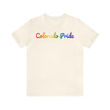 Colorado Pride T-Shirt: Flowing Cursive Design with LGBTQ+ Gradient