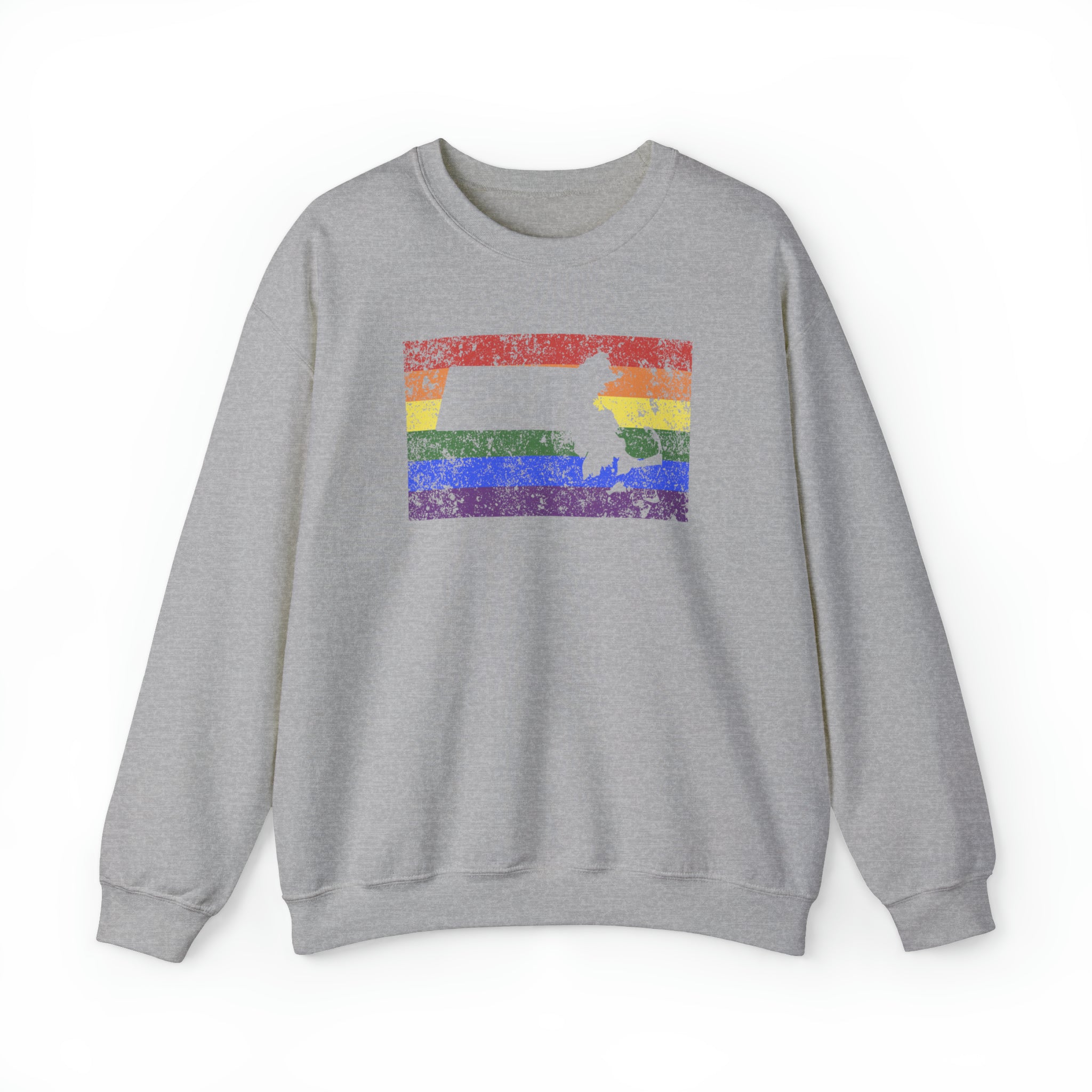 Massachusetts Pride Flag Sweater: Rainbow LGBTQ+ State Silhouette Distressed Sweatshirt