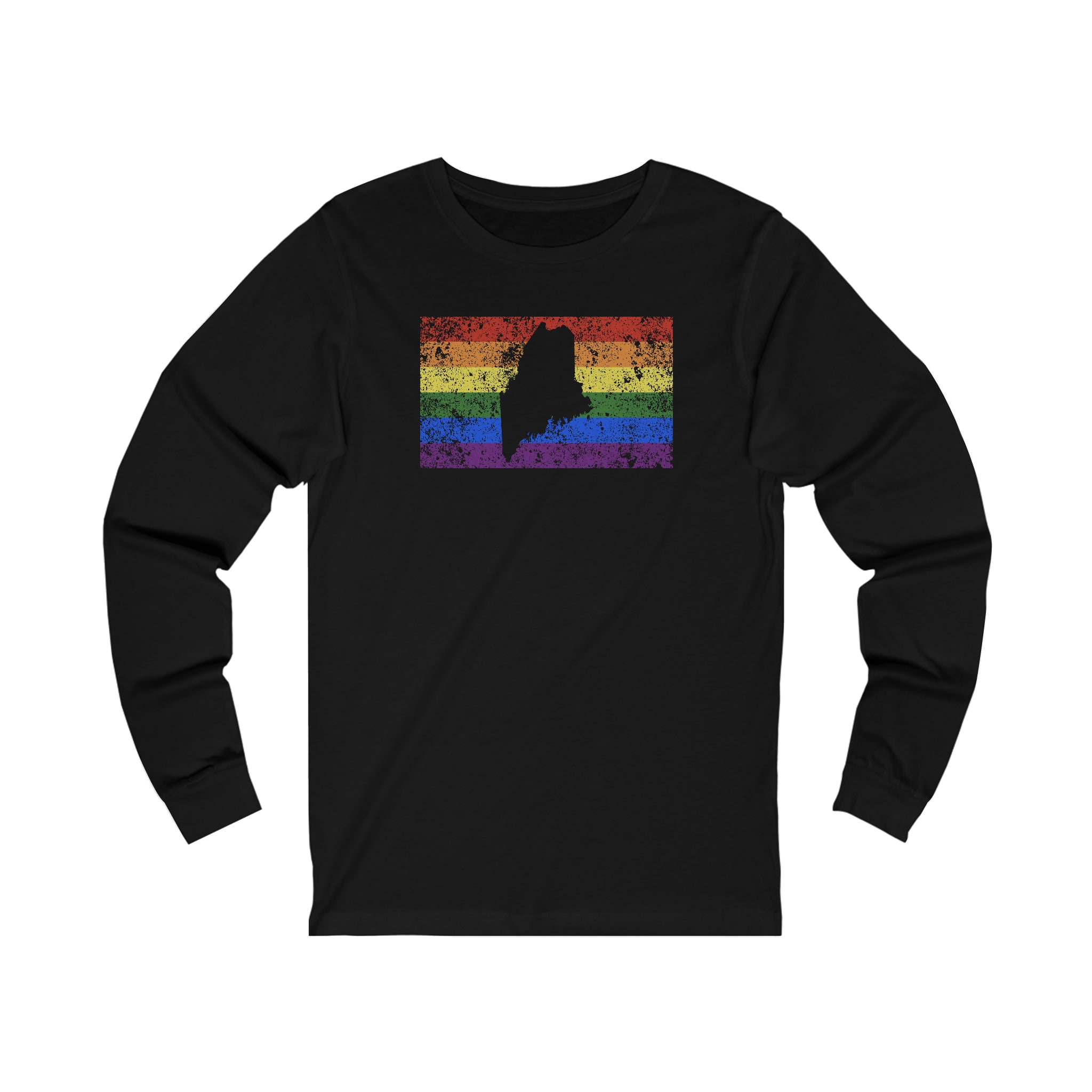 Maine Pride Flag Long Sleeve Tee: Rainbow LGBTQ+ State Silhouette Distressed Long Sleeve T-Shirt