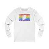 Maine Pride Flag Long Sleeve Tee: Rainbow LGBTQ+ State Silhouette Distressed Long Sleeve T-Shirt