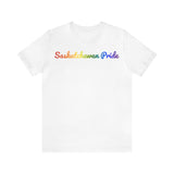 Saskatchewan Pride T-Shirt: Flowing Cursive Design with LGBTQ+ Gradient