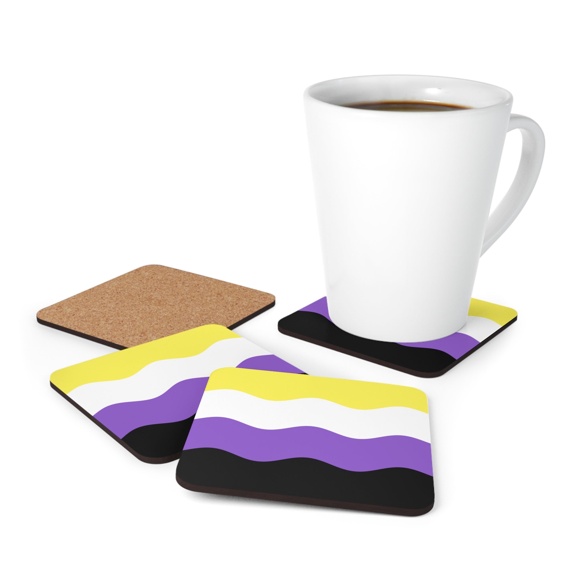 Nonbinary Flag Coaster Set: 4 Corkwood Ripple Drink Coasters