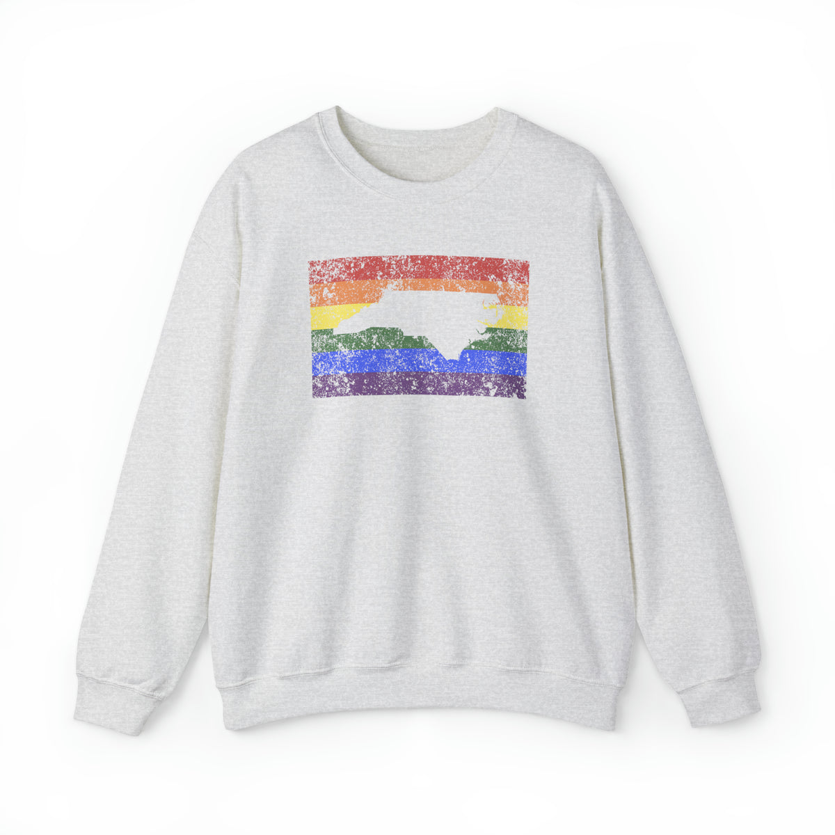 North Carolina Pride Flag Sweater: Rainbow LGBTQ+ State Silhouette Distressed Sweatshirt