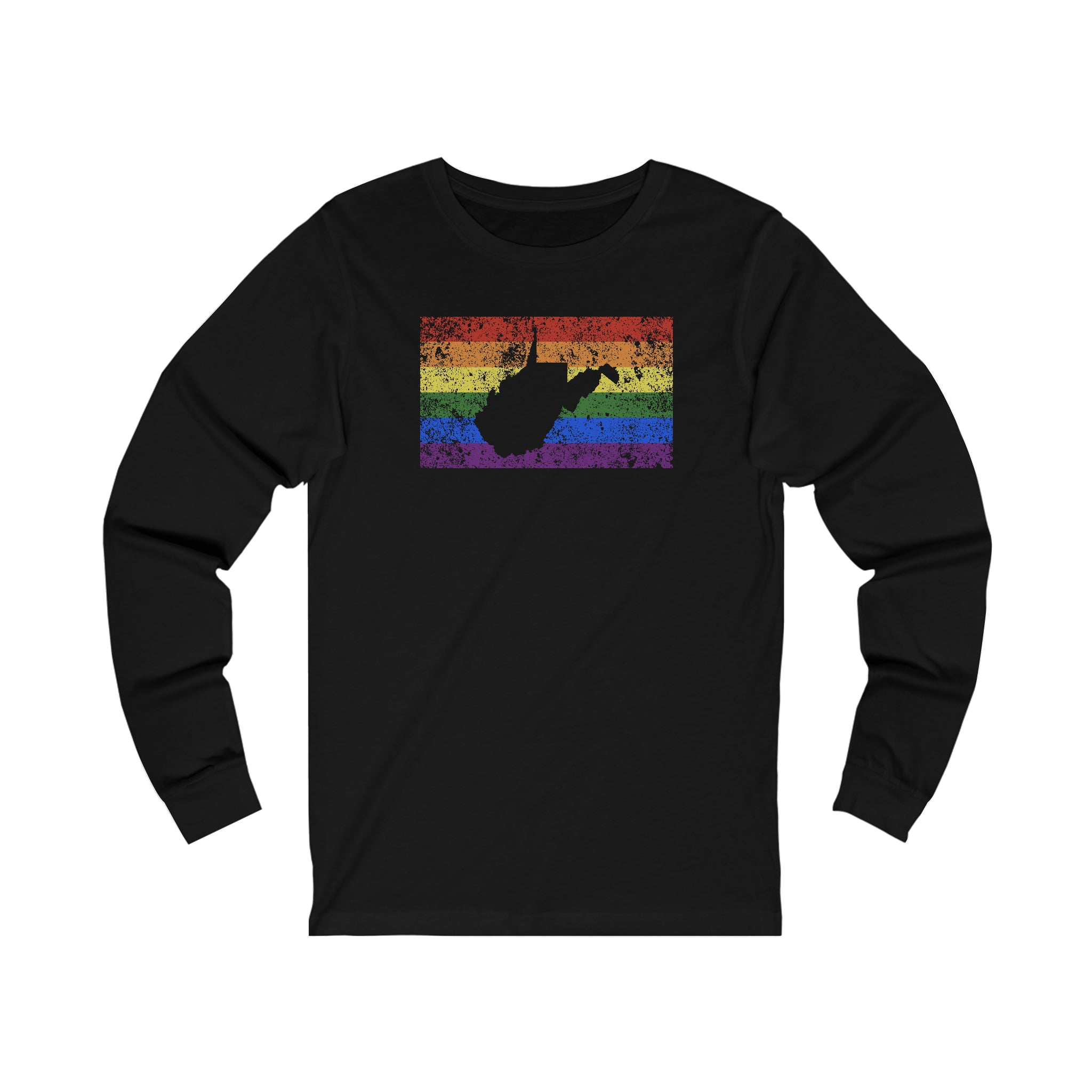 West Virginia Pride Flag Long Sleeve Tee: Rainbow LGBTQ+ State Silhouette Distressed Long Sleeve T-Shirt