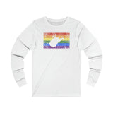 West Virginia Pride Flag Long Sleeve Tee: Rainbow LGBTQ+ State Silhouette Distressed Long Sleeve T-Shirt