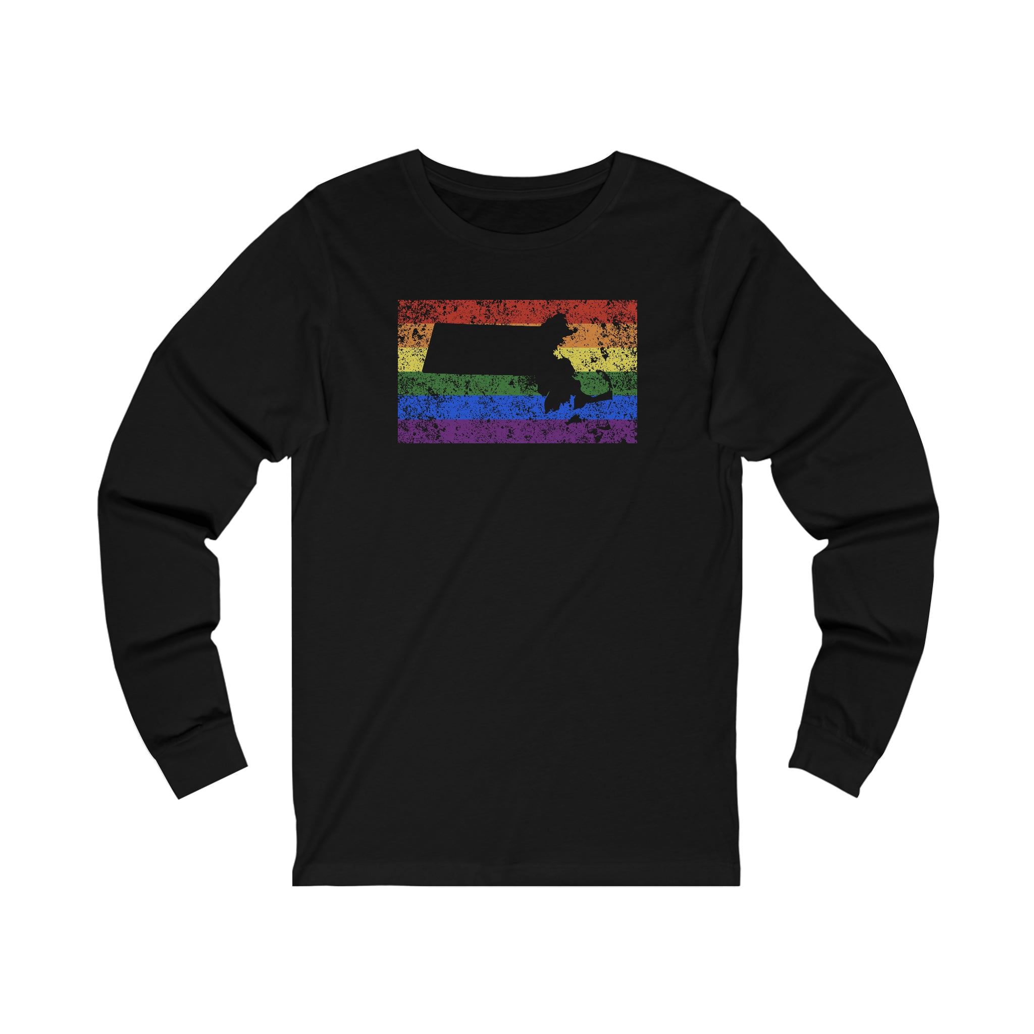 Massachusetts Pride Flag Long Sleeve Tee: Rainbow LGBTQ+ State Silhouette Distressed Long Sleeve T-Shirt