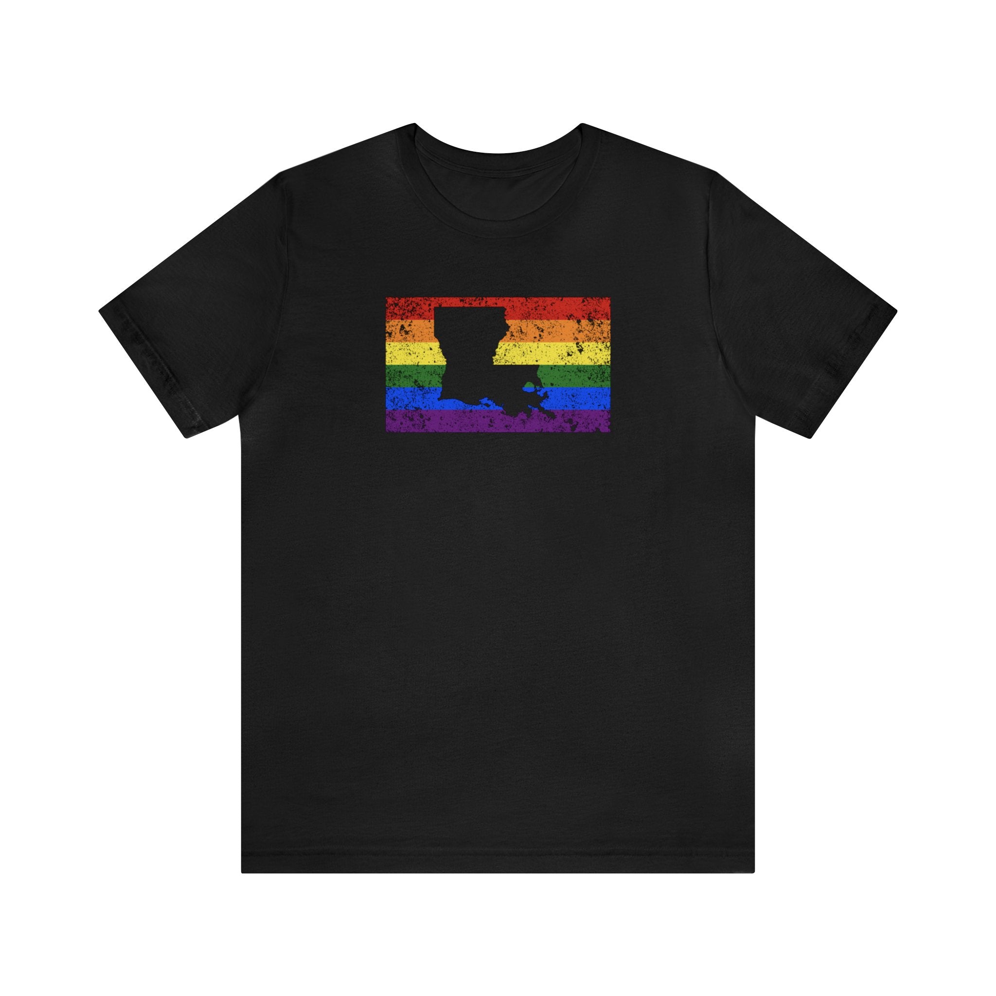 Louisiana Pride Flag Tee: Rainbow LGBTQ+ State Silhouette Distressed Shirt