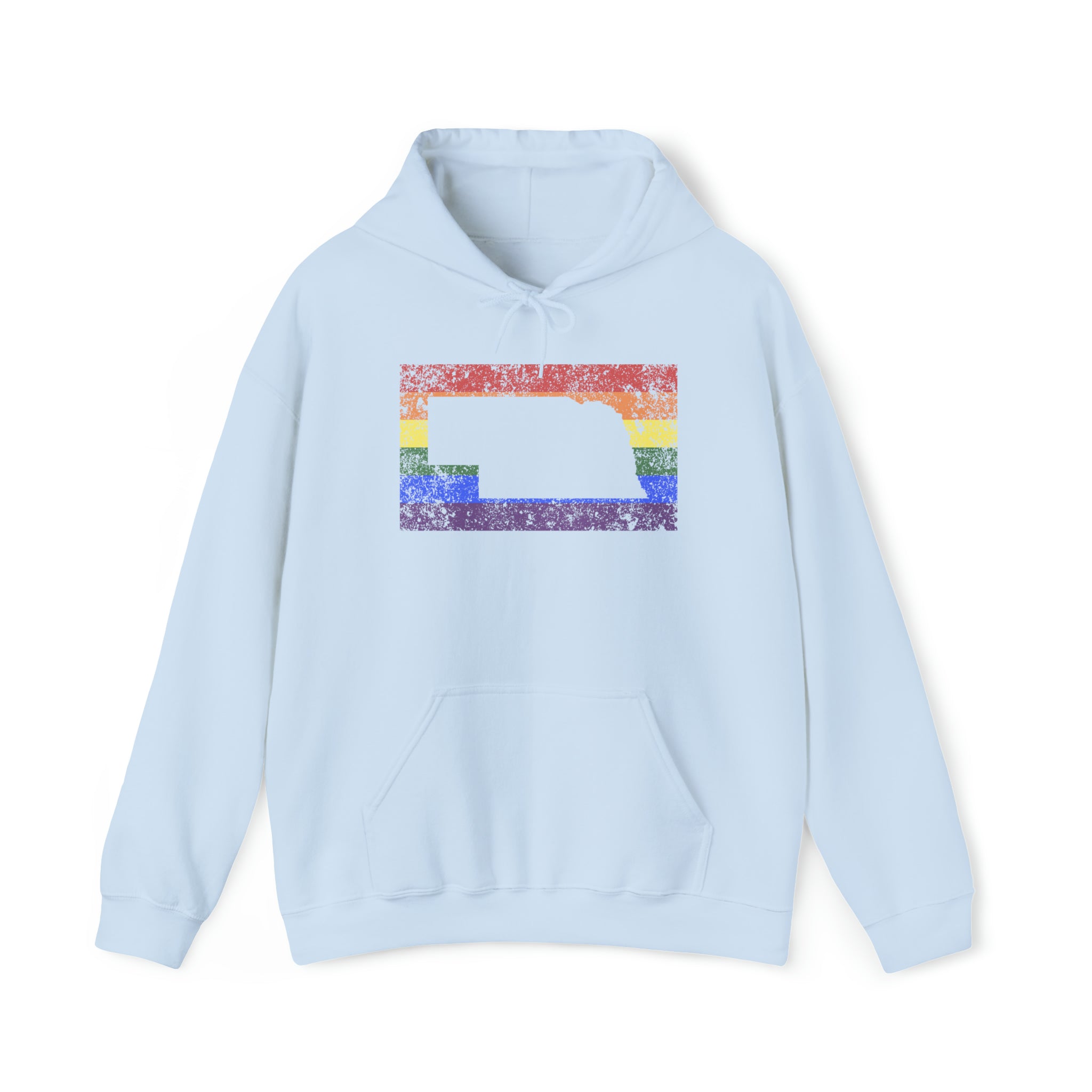 Nebraska Pride Flag Hoodie: Rainbow LGBTQ+ State Silhouette Distressed Hooded Sweatshirt