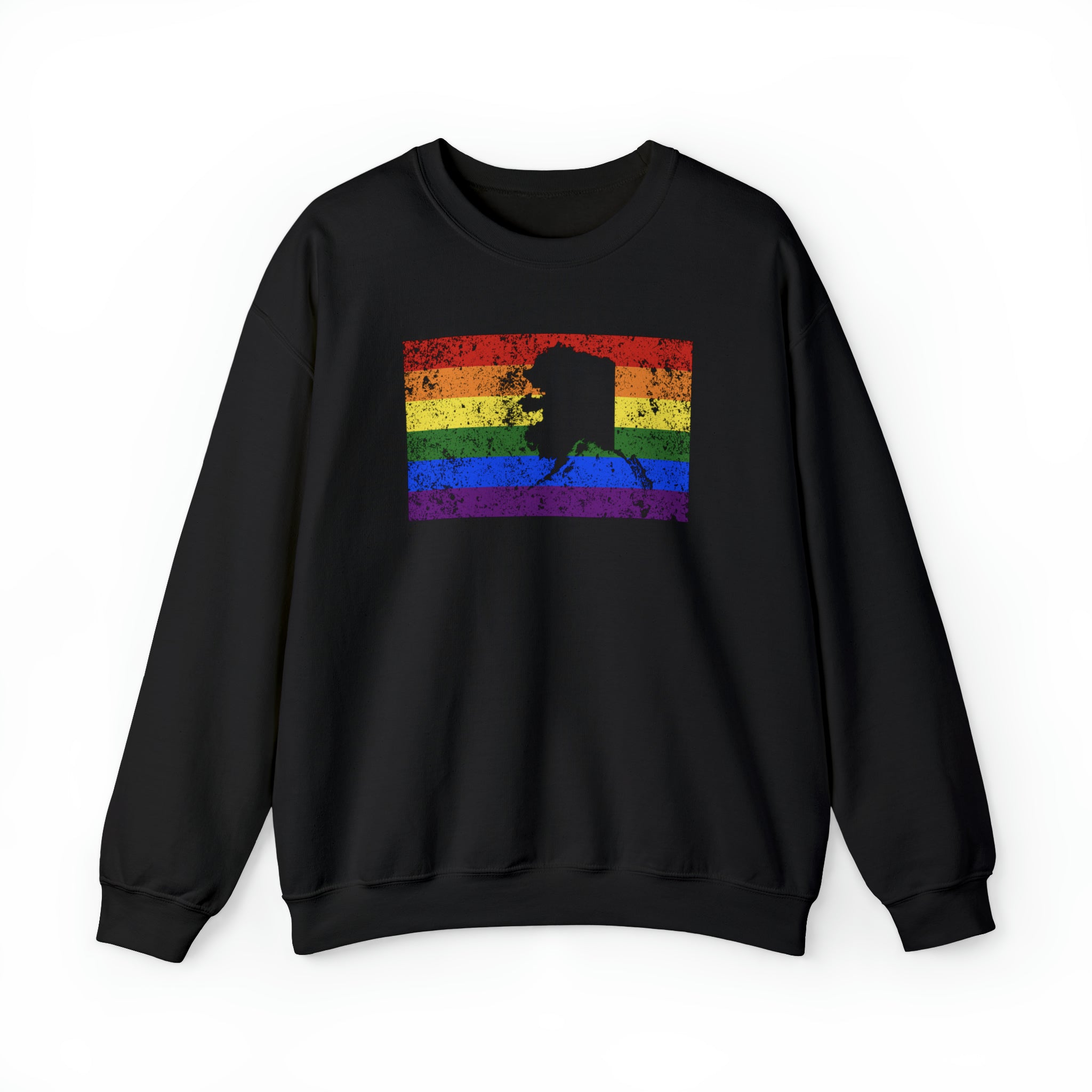 Alaska Pride Flag Sweater: Rainbow LGBTQ+ State Silhouette Distressed Sweatshirt