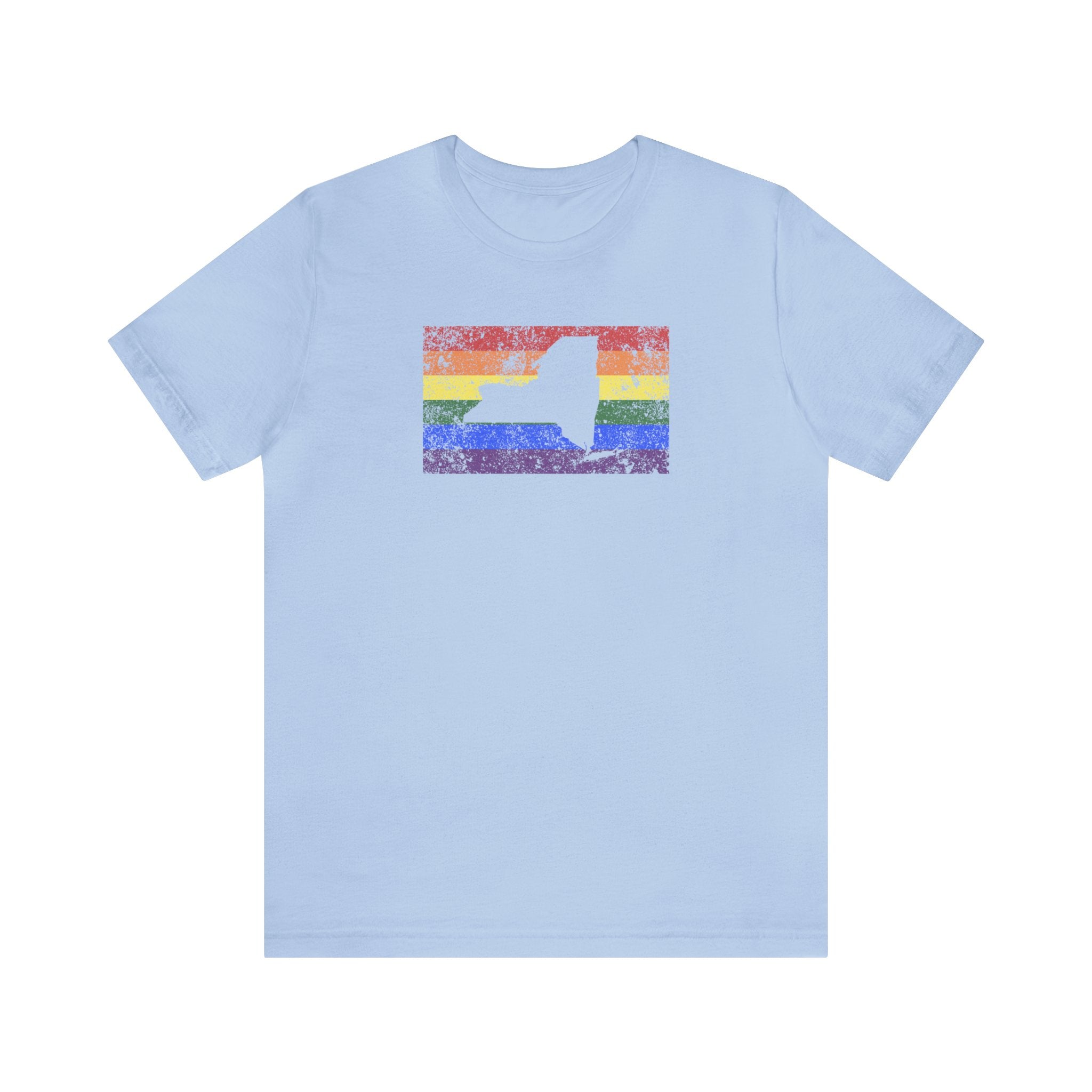 New York Pride Flag Tee: Rainbow LGBTQ+ State Silhouette Distressed Shirt