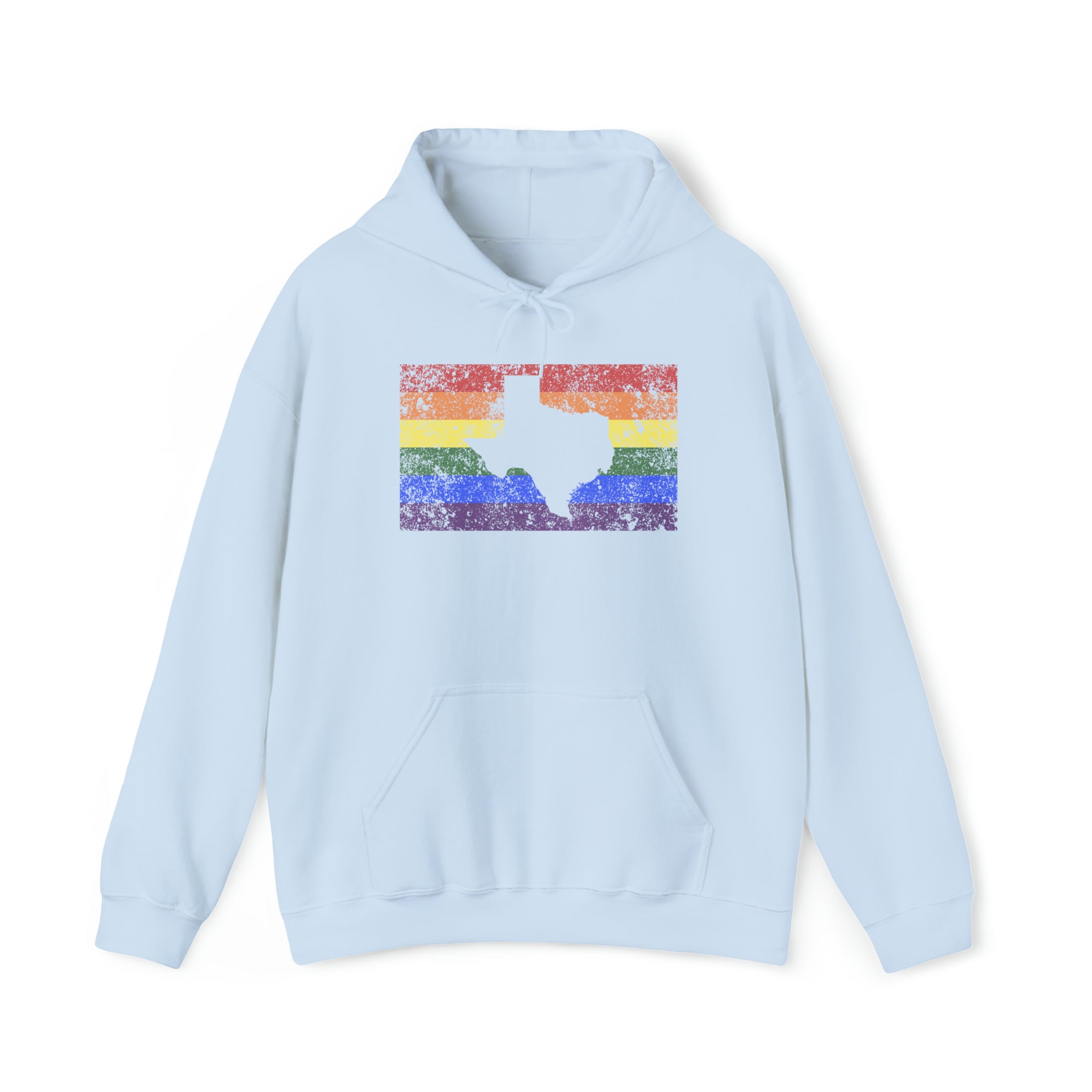 Texas Pride Flag Hoodie: Rainbow LGBTQ+ State Silhouette Distressed Hooded Sweatshirt