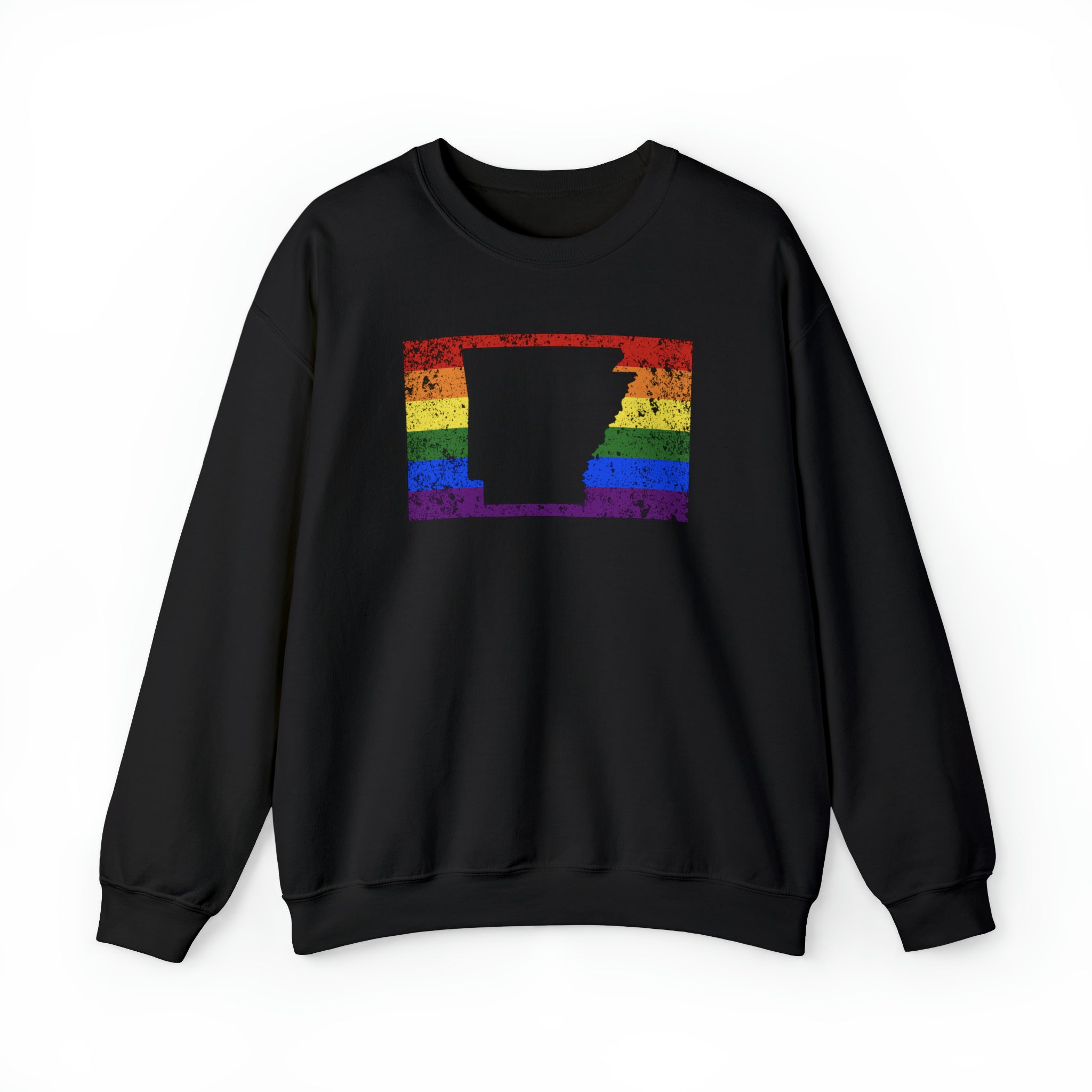 Arkansas Pride Flag Sweater: Rainbow LGBTQ+ State Silhouette Distressed Sweatshirt