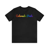 Colorado Pride T-Shirt: Flowing Cursive Design with LGBTQ+ Gradient