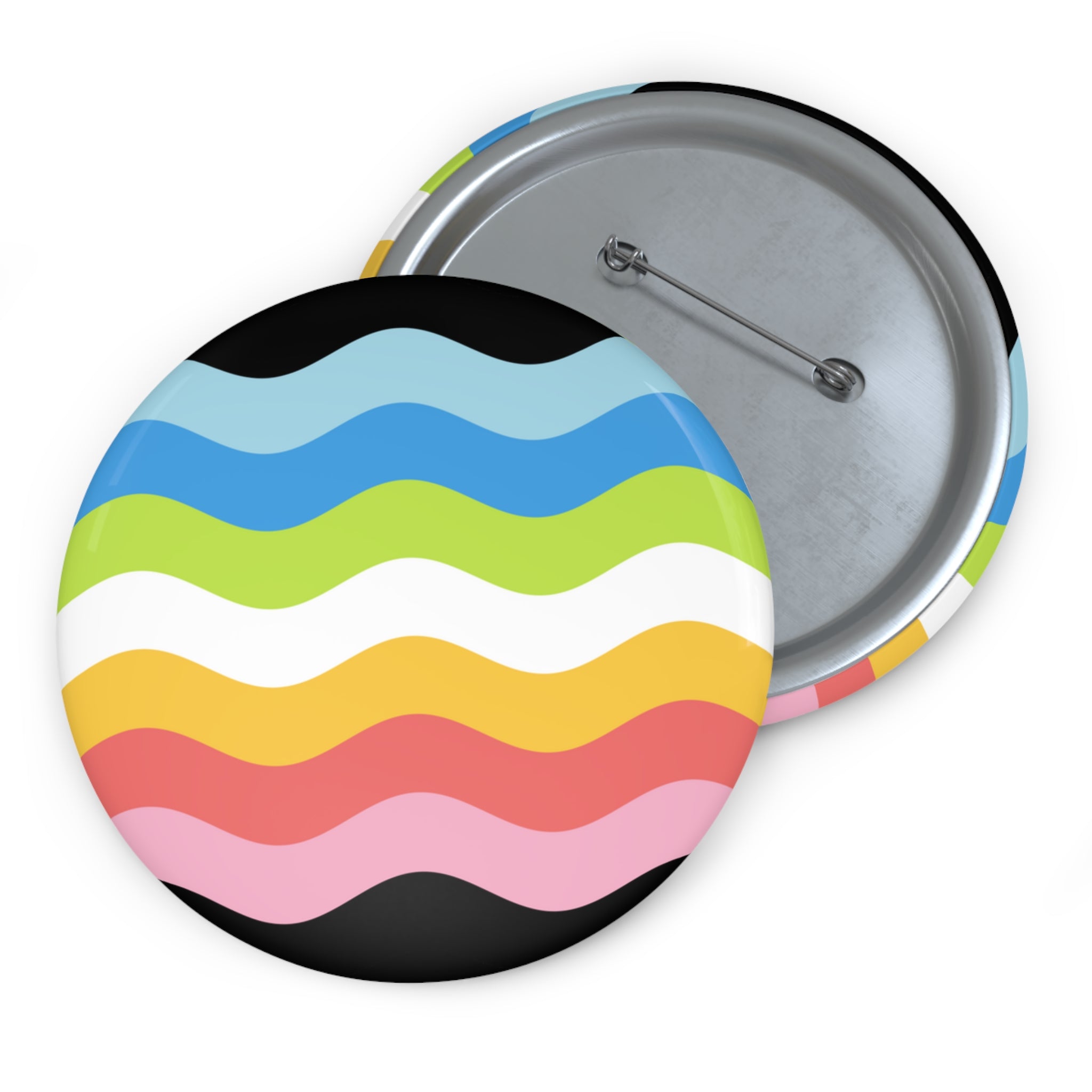 Queer Pride Flag Pin: Round Button with Wavey Design