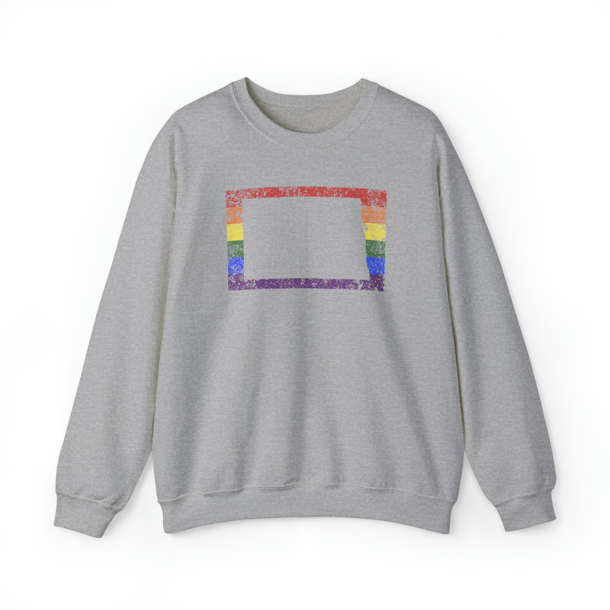 North Dakota Pride Flag Sweater: Rainbow LGBTQ+ State Silhouette Distressed Sweatshirt