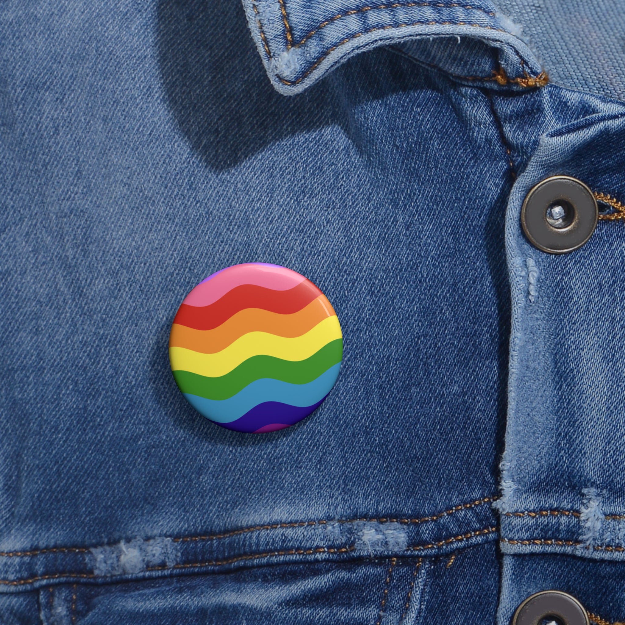 Gilbert Baker Pride Flag Pin: Round Button with Wavey Design