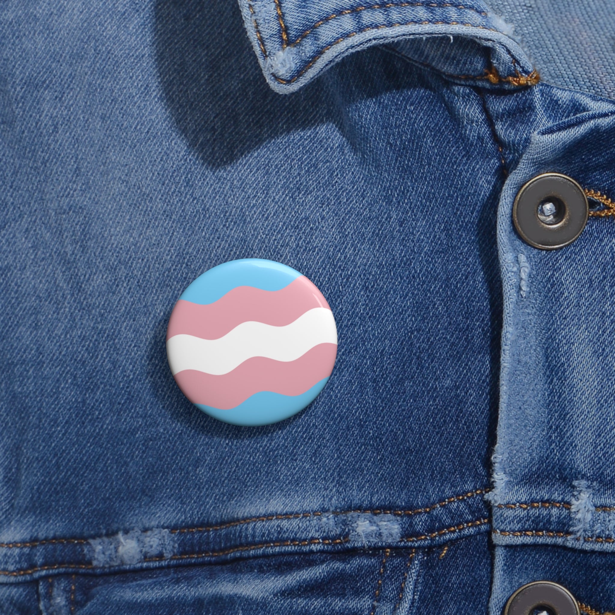 Transgender Pride Flag Pin: Round Button with Wavey Design