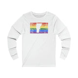 Vermont Pride Flag Long Sleeve Tee: Rainbow LGBTQ+ State Silhouette Distressed Long Sleeve T-Shirt