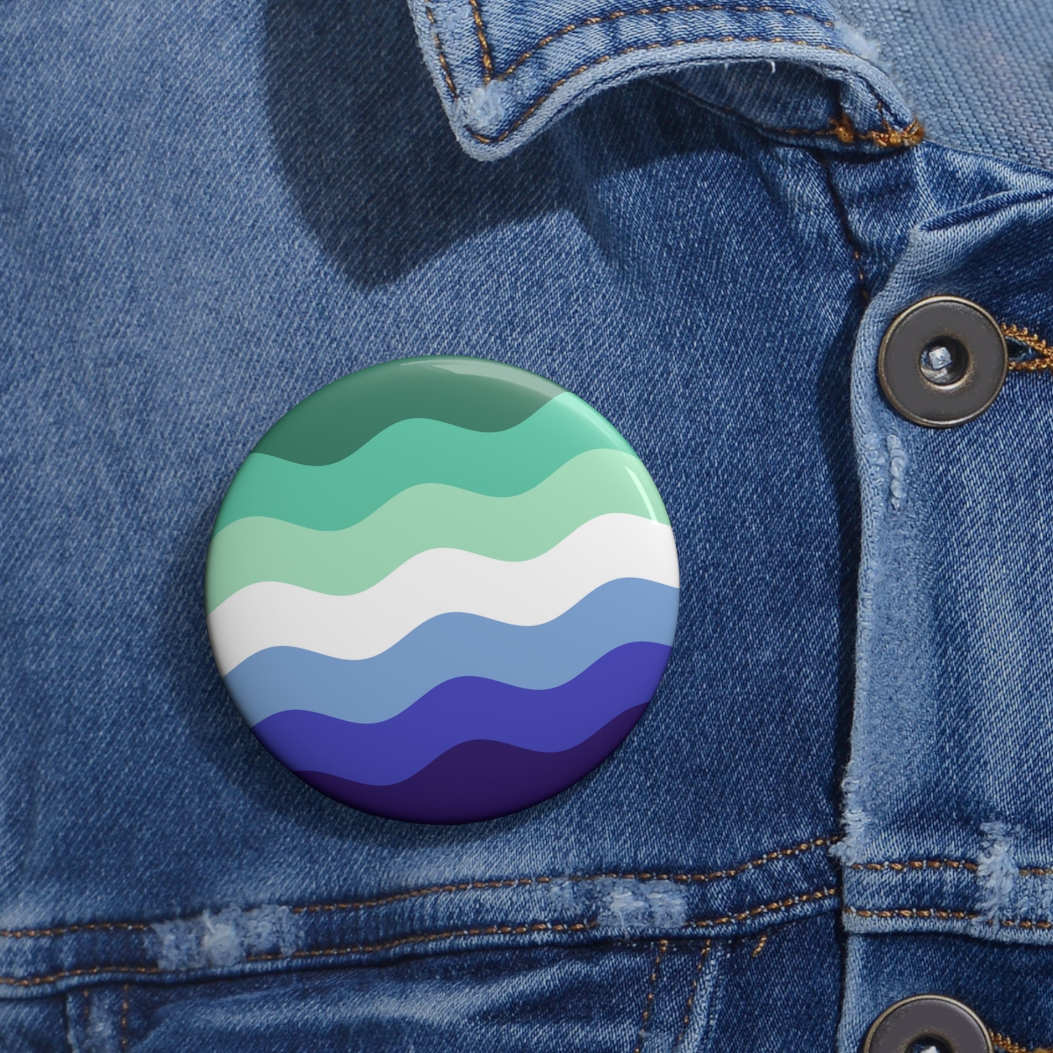 Gay Pride Flag Pin: Round Button with Wavey Design