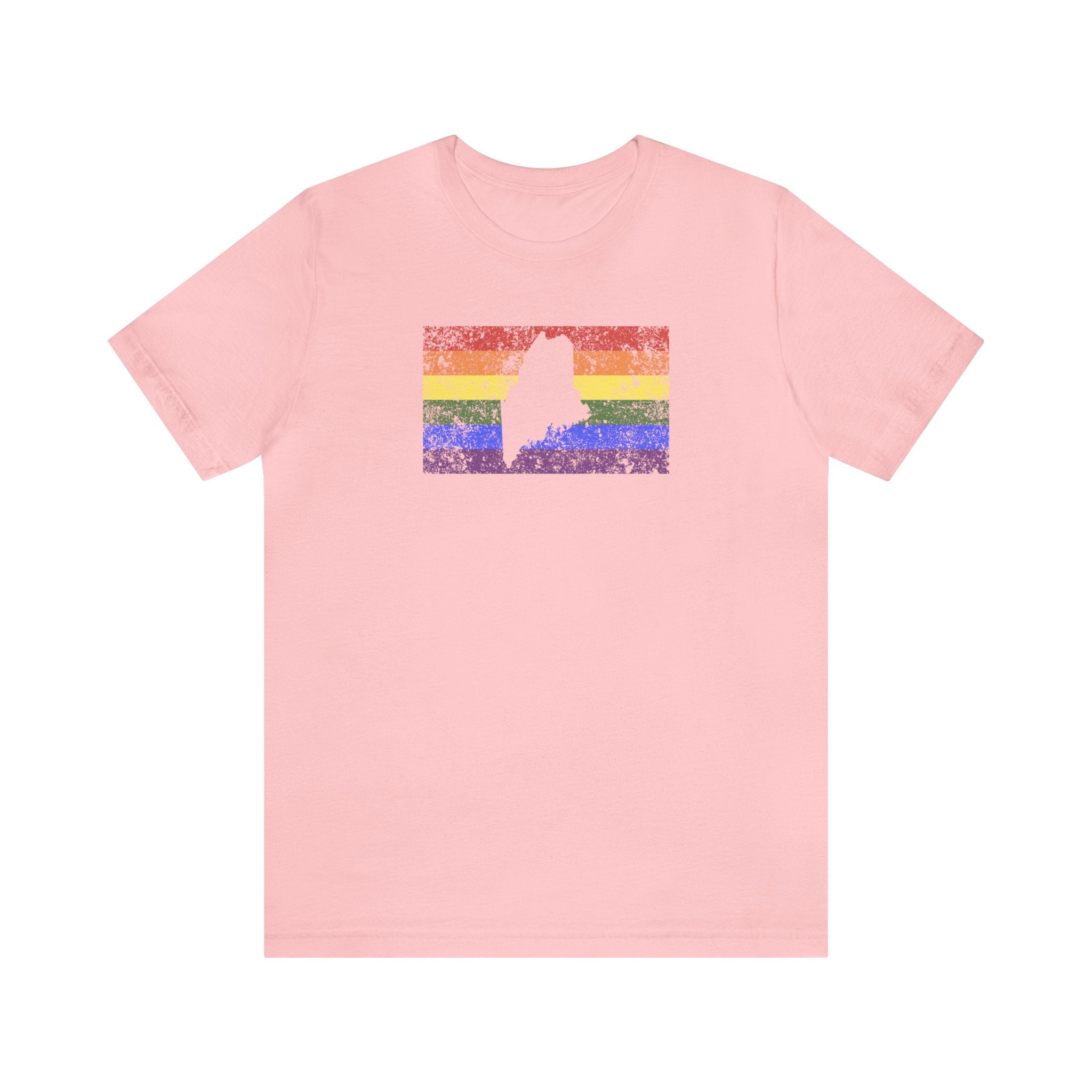 Maine Pride Flag Tee: Rainbow LGBTQ+ State Silhouette Distressed Shirt