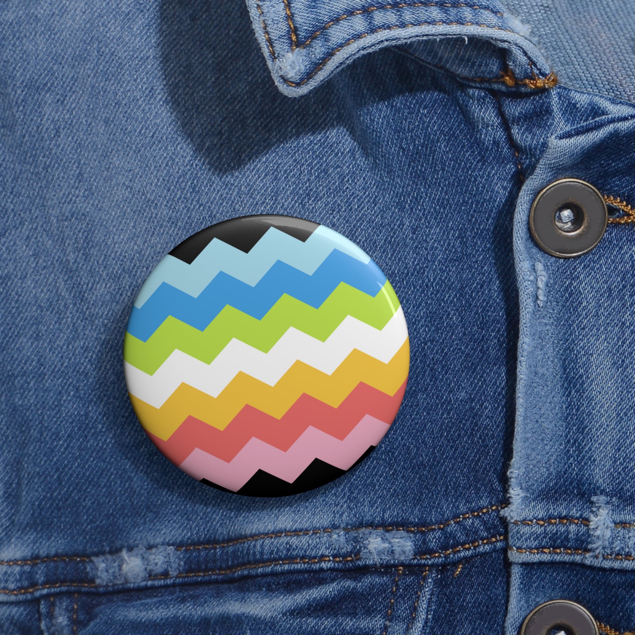 Queer Pride Flag Pin: Round Button with Sharp Design