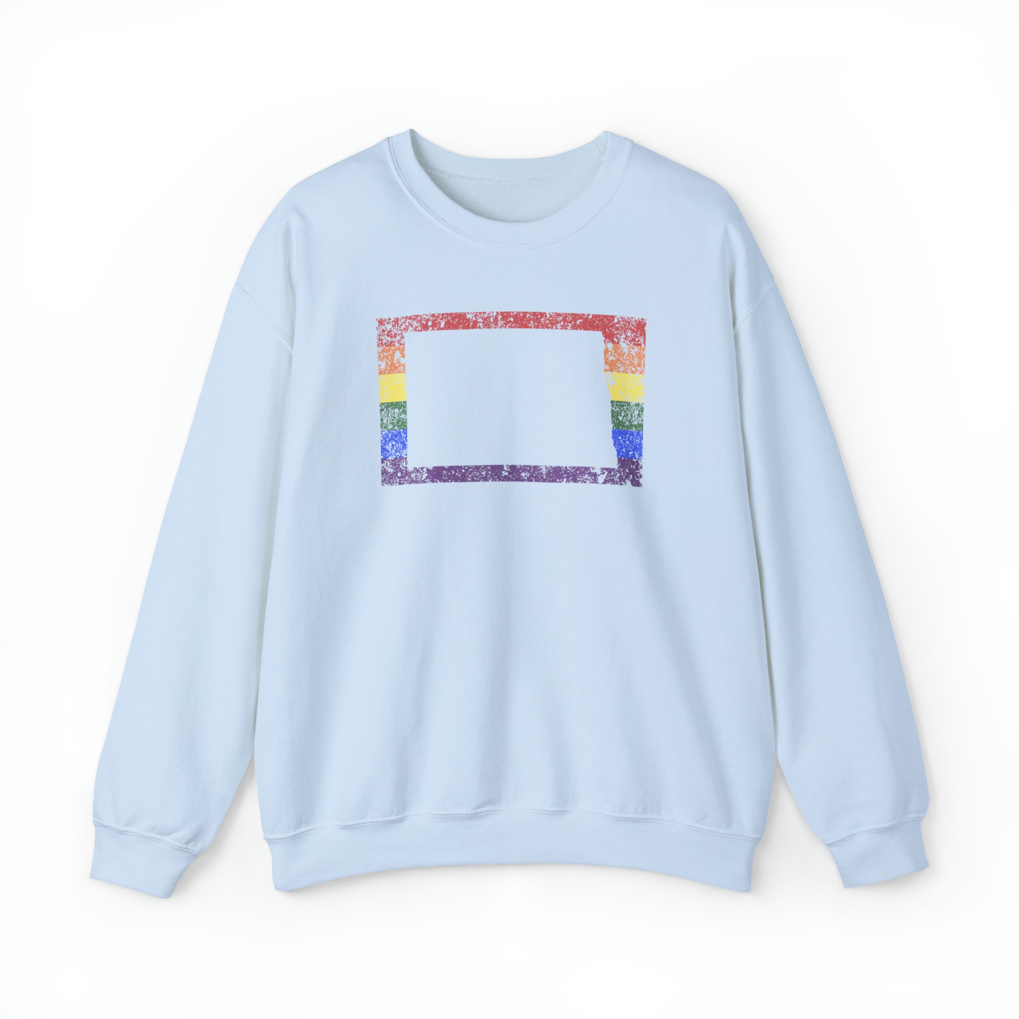 North Dakota Pride Flag Sweater: Rainbow LGBTQ+ State Silhouette Distressed Sweatshirt