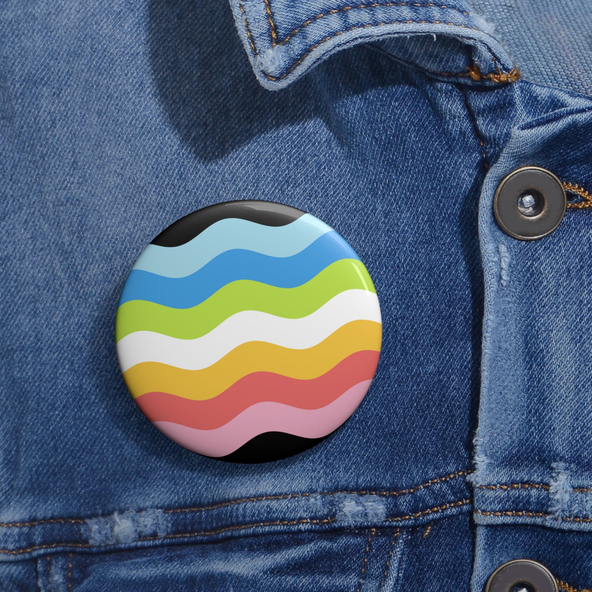 Queer Pride Flag Pin: Round Button with Wavey Design