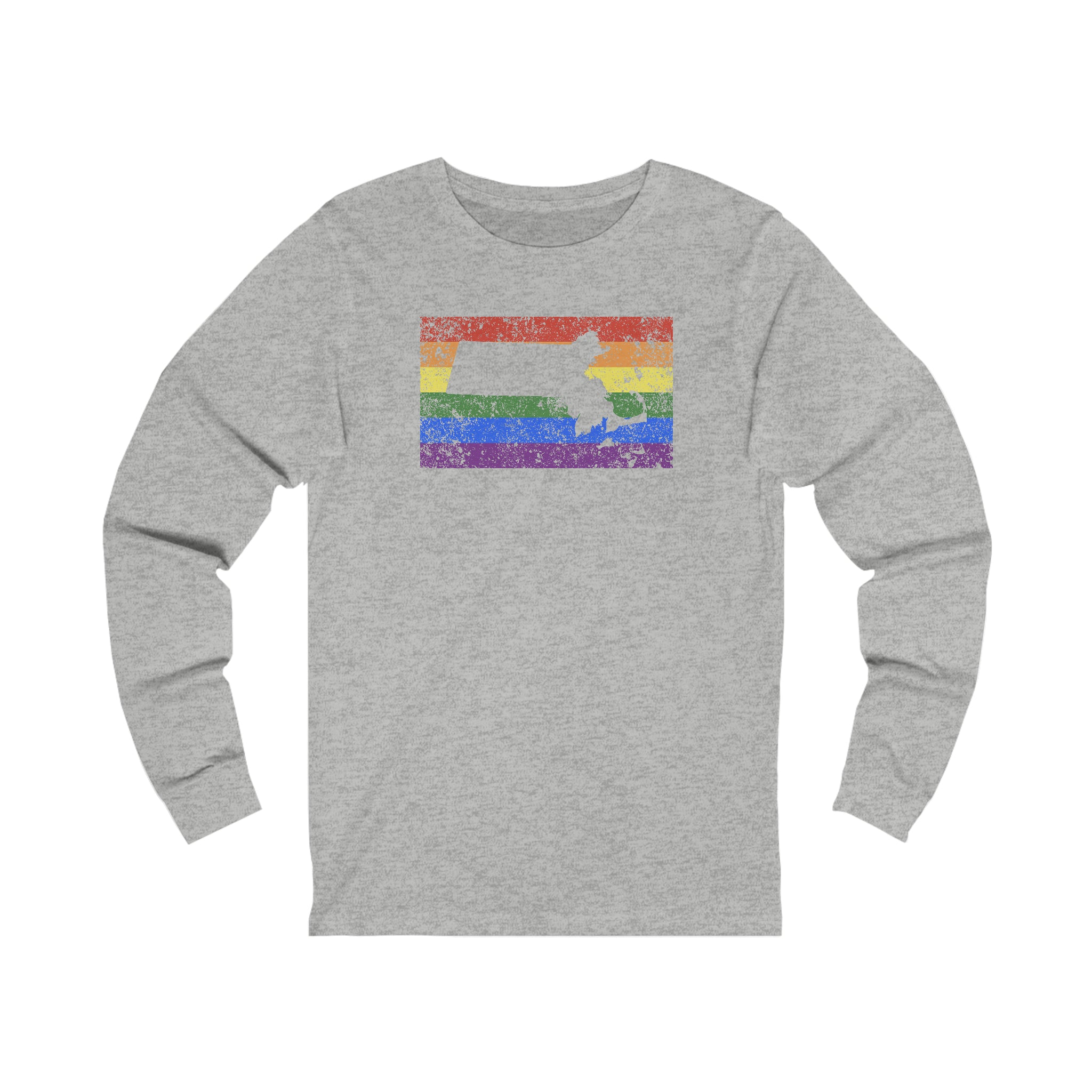 Massachusetts Pride Flag Long Sleeve Tee: Rainbow LGBTQ+ State Silhouette Distressed Long Sleeve T-Shirt