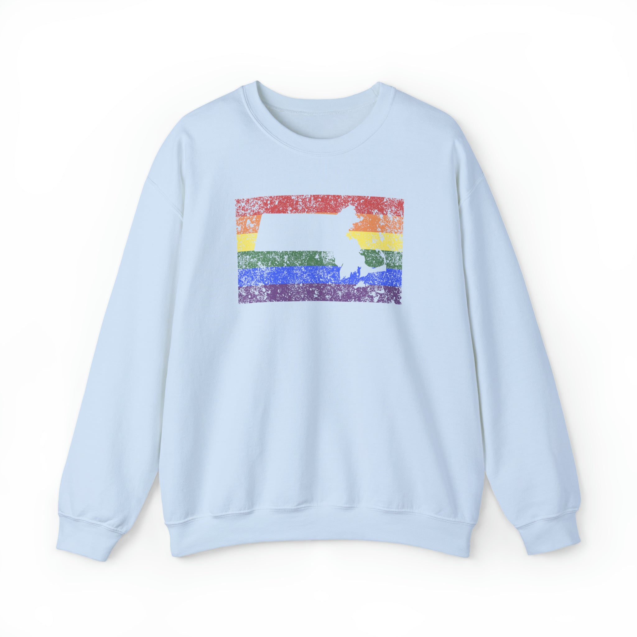 Massachusetts Pride Flag Sweater: Rainbow LGBTQ+ State Silhouette Distressed Sweatshirt