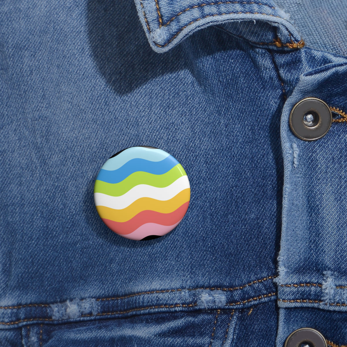 Queer Pride Flag Pin: Round Button with Wavey Design