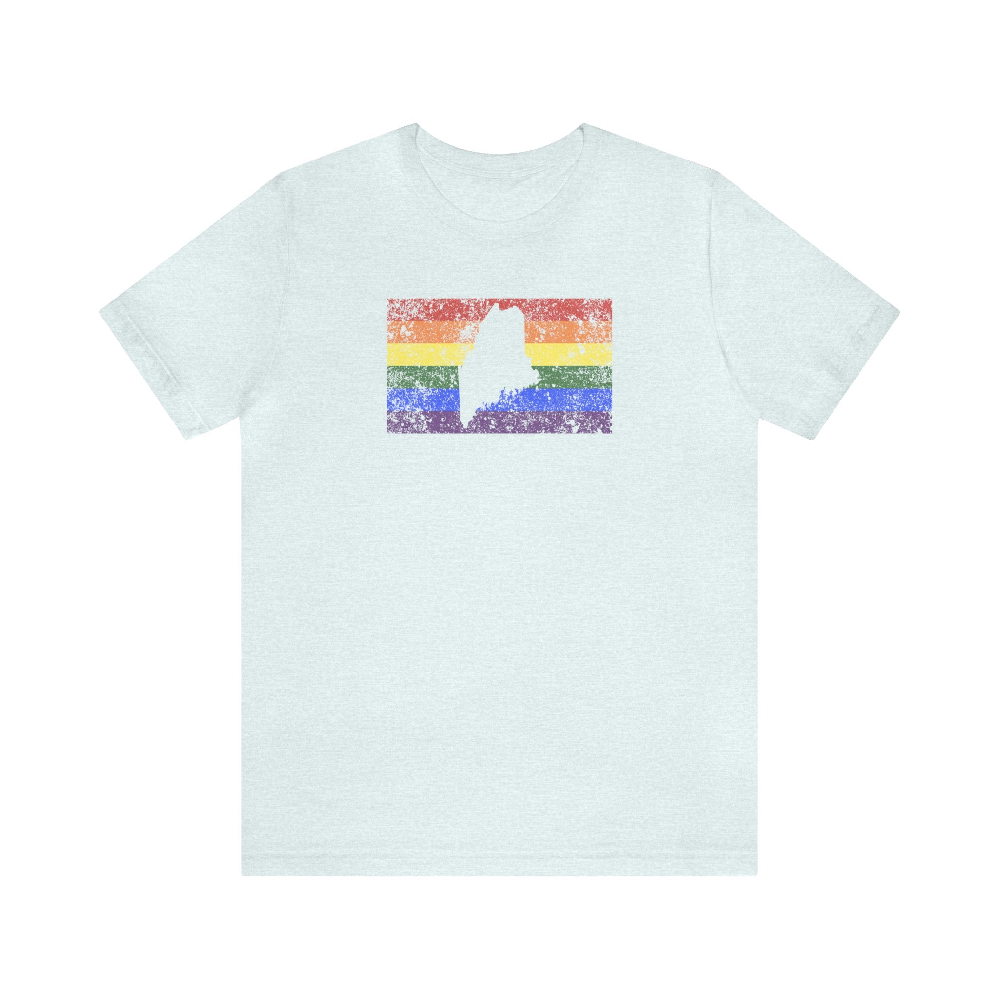 Maine Pride Flag Tee: Rainbow LGBTQ+ State Silhouette Distressed Shirt