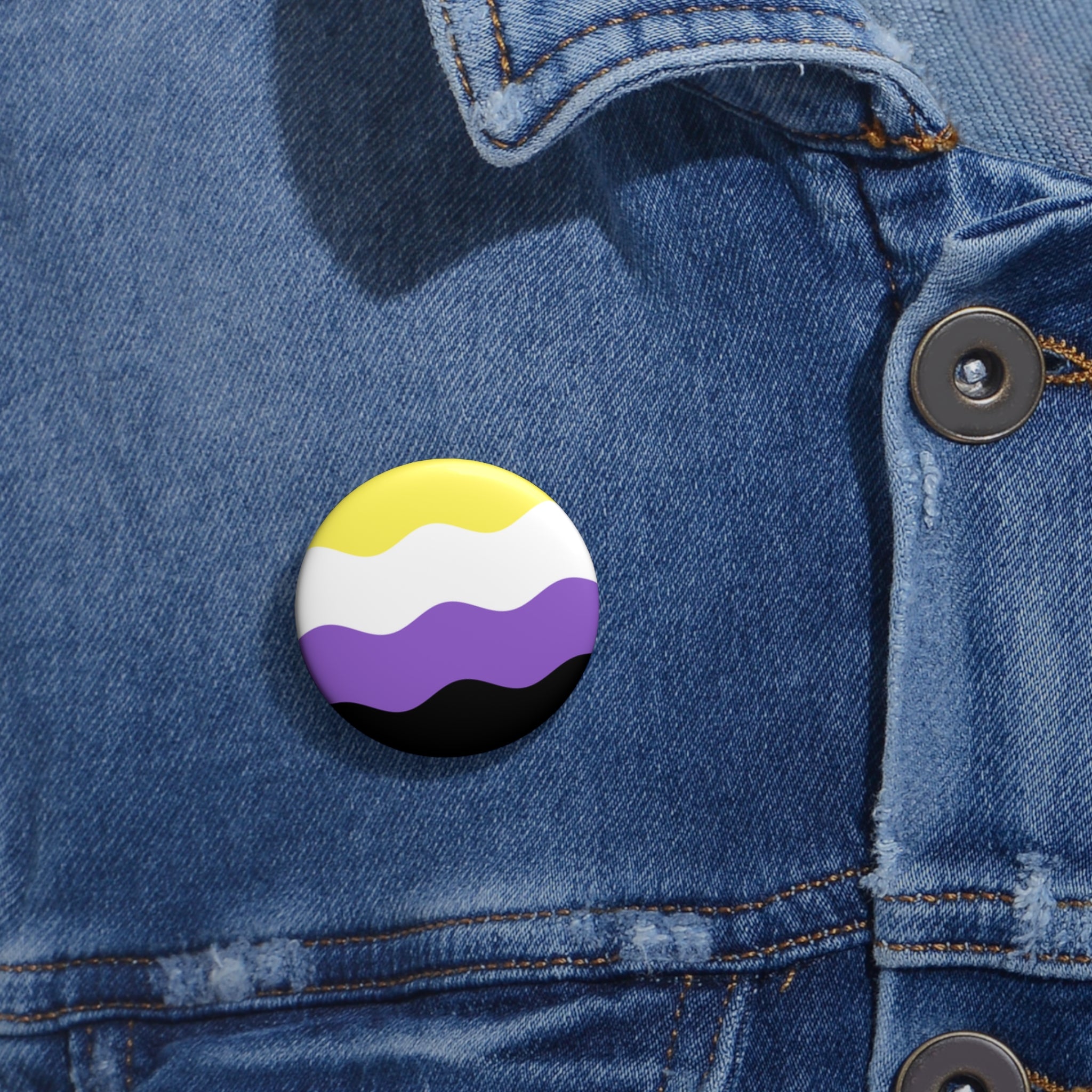 Nonbinary Pride Flag Pin: Round Button with Wavey Design