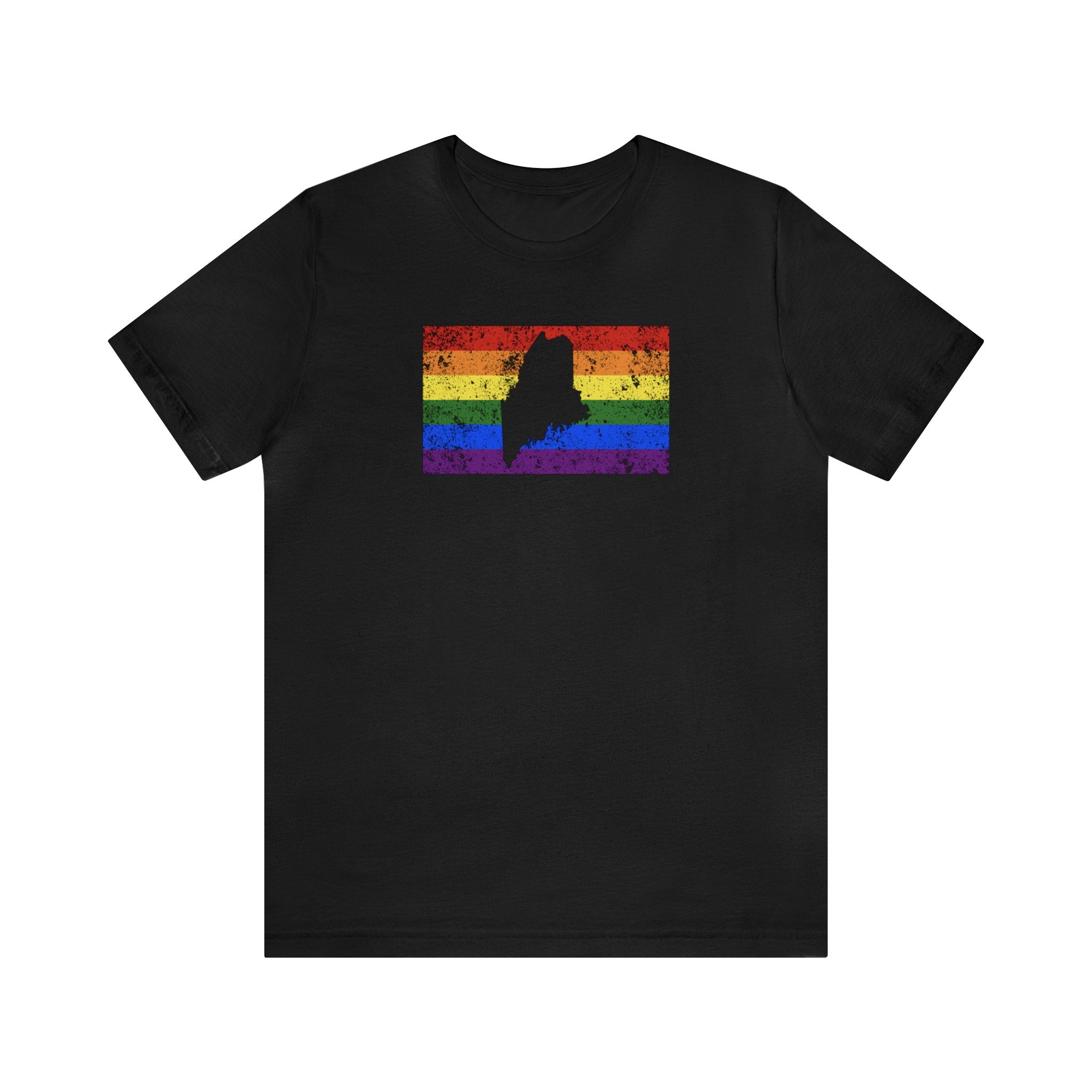 Maine Pride Flag Tee: Rainbow LGBTQ+ State Silhouette Distressed Shirt