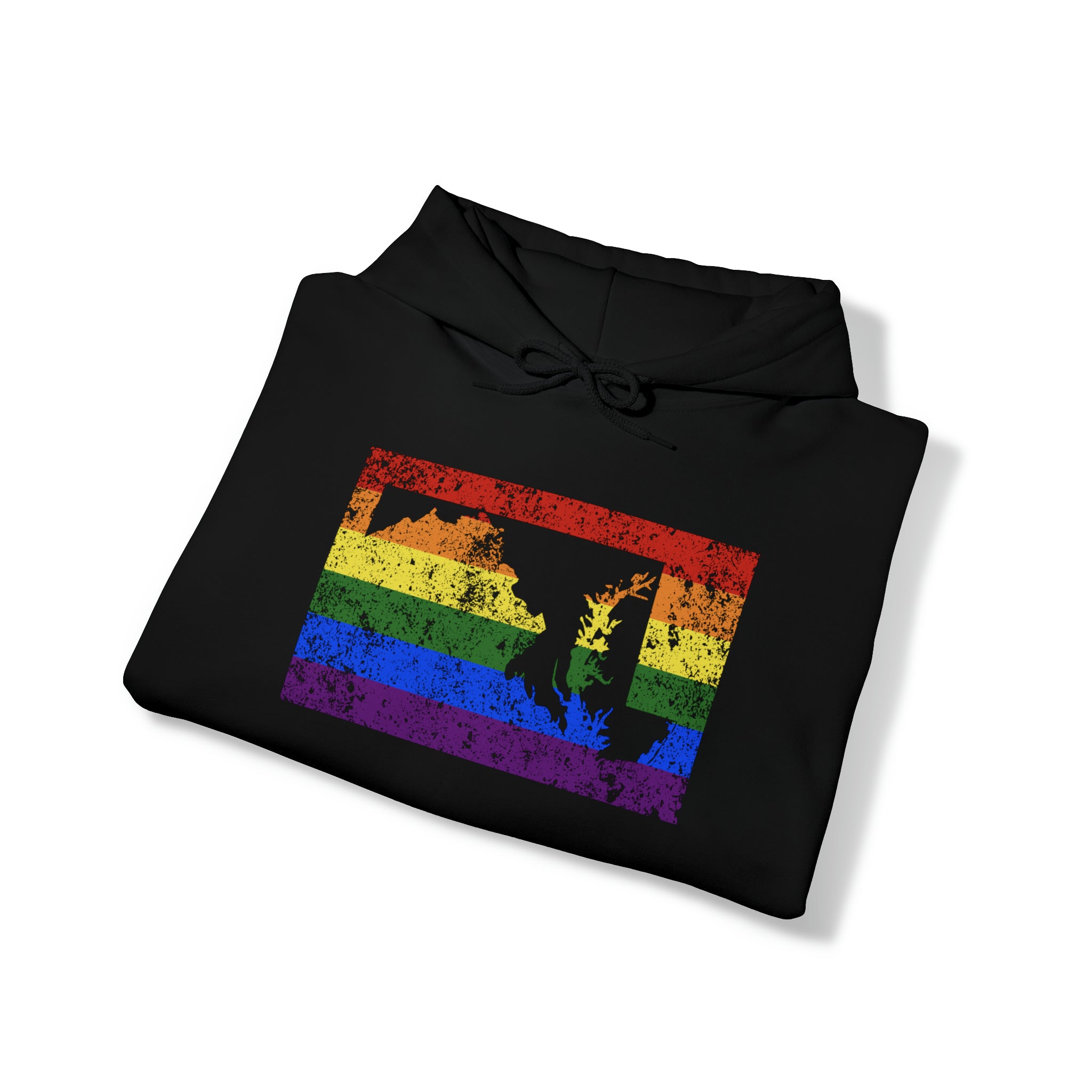 Maryland Pride Flag Hoodie: Rainbow LGBTQ+ State Silhouette Distressed Hooded Sweatshirt