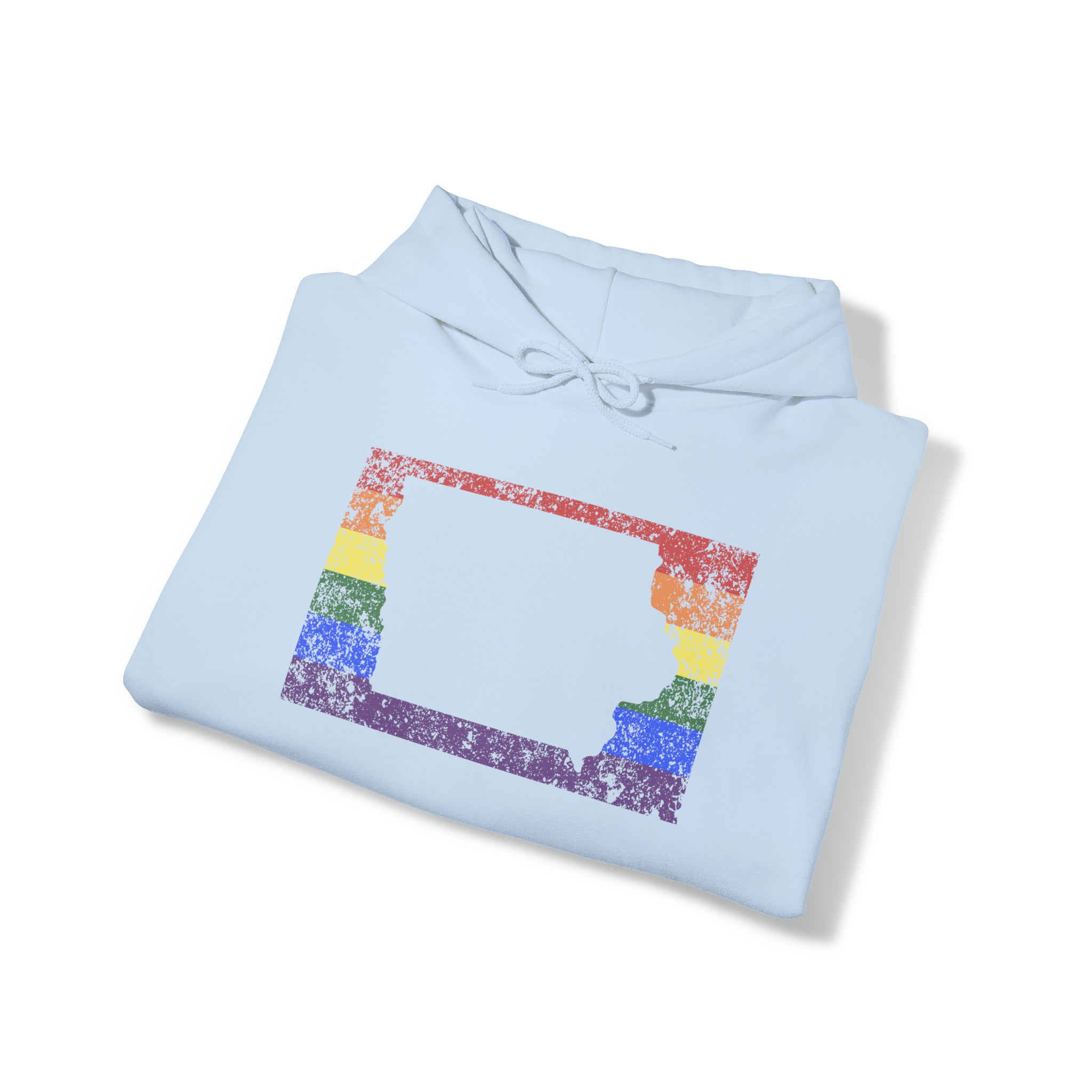 Iowa Pride Flag Hoodie: Rainbow LGBTQ+ State Silhouette Distressed Hooded Sweatshirt