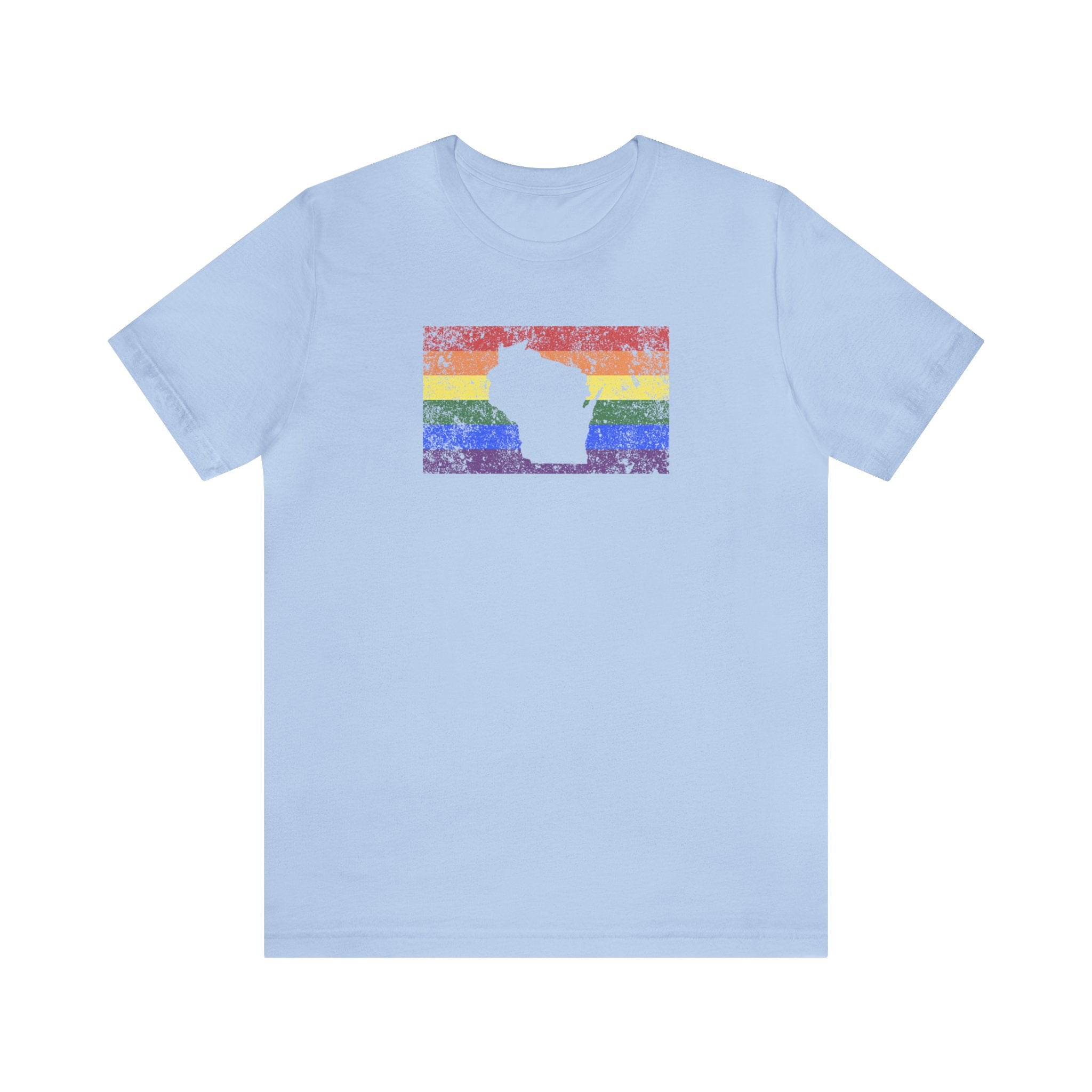 Wisconsin Pride Flag Tee: Rainbow LGBTQ+ State Silhouette Distressed Shirt