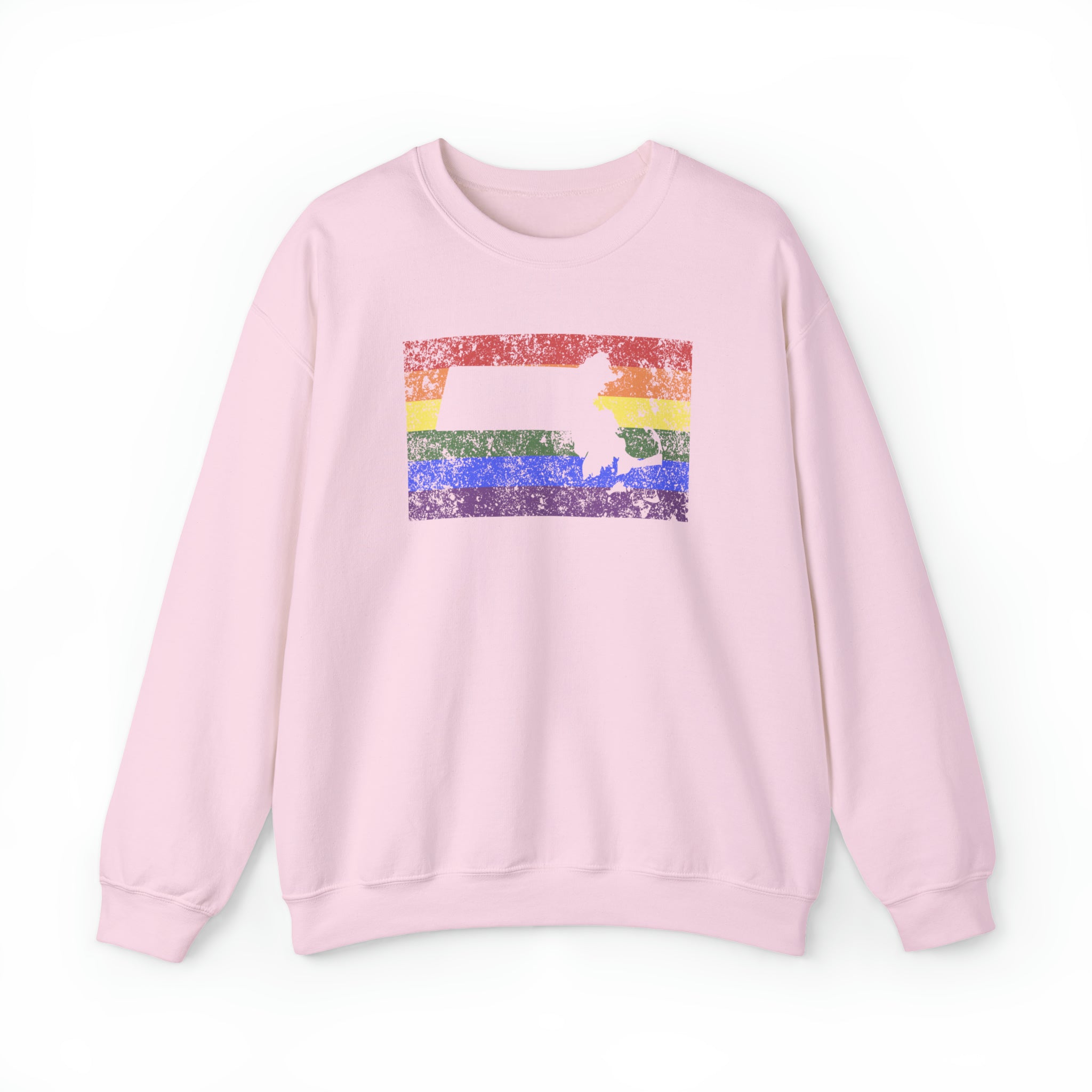 Massachusetts Pride Flag Sweater: Rainbow LGBTQ+ State Silhouette Distressed Sweatshirt