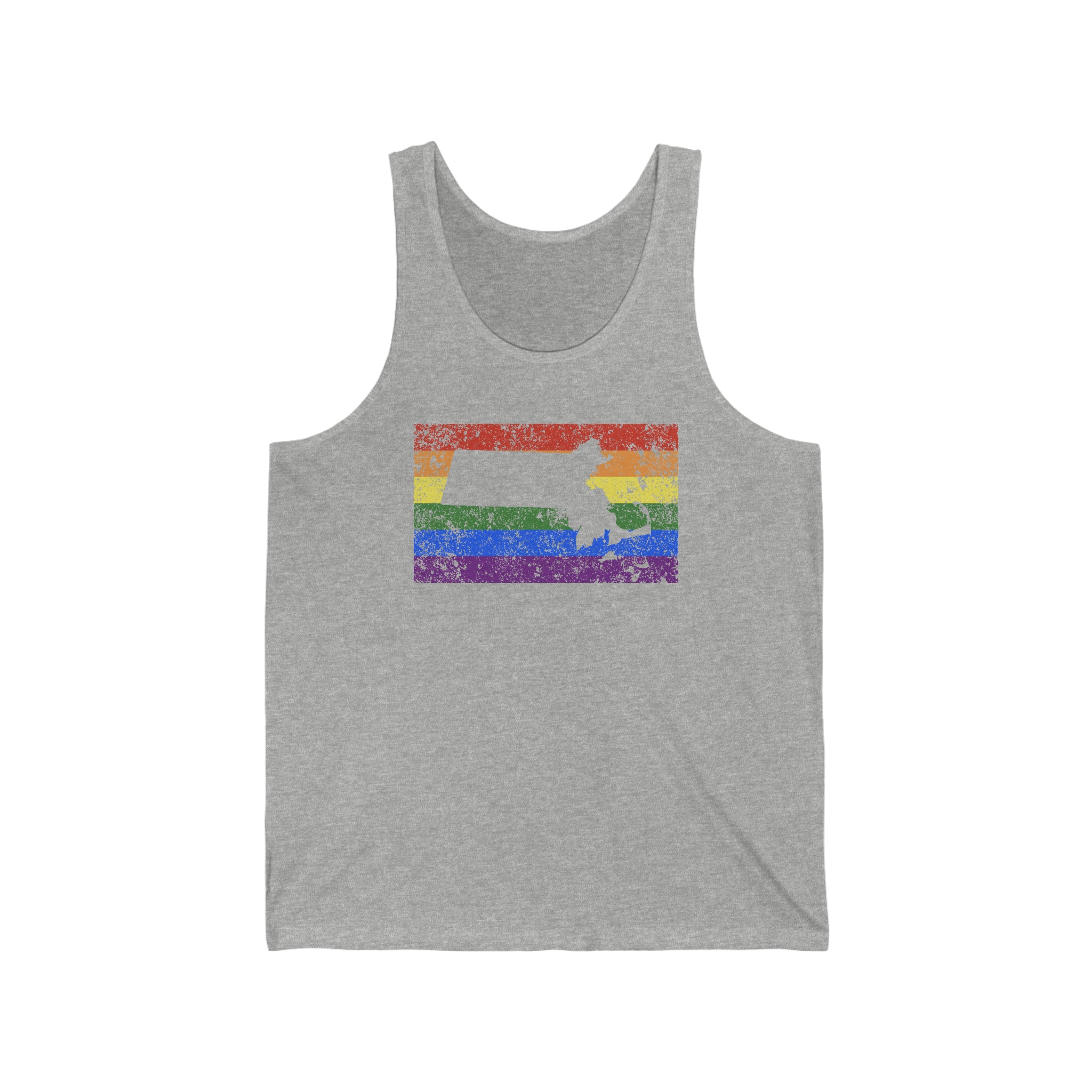 Massachusetts Pride Flag Tank: Rainbow LGBTQ+ State Silhouette Distressed Tank-Top