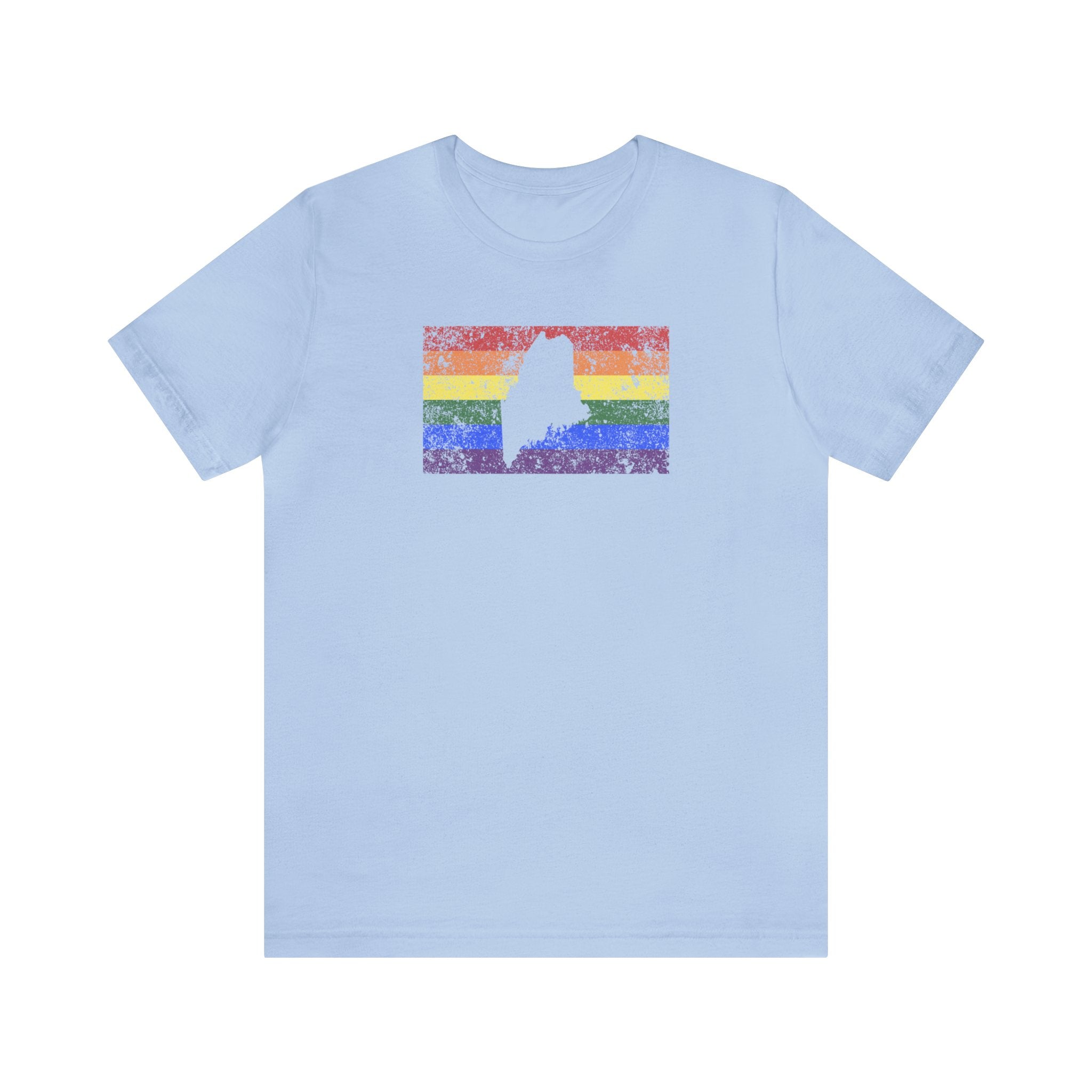 Maine Pride Flag Tee: Rainbow LGBTQ+ State Silhouette Distressed Shirt