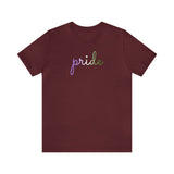 Genderqueer Pride T-Shirt: Flowing Cursive 'Pride' in Gradient Hues