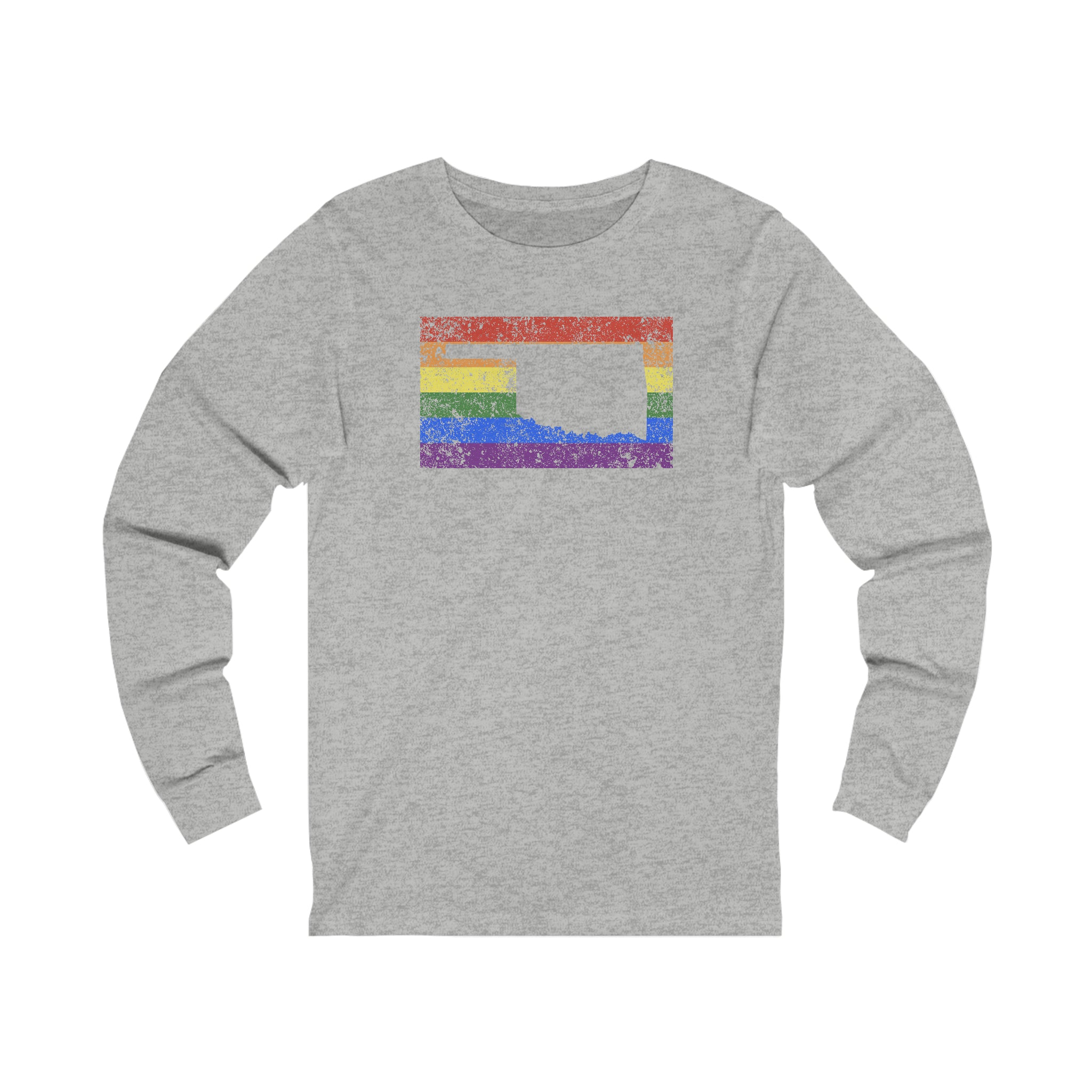 Oklahoma Pride Flag Long Sleeve Tee: Rainbow LGBTQ+ State Silhouette Distressed Long Sleeve T-Shirt