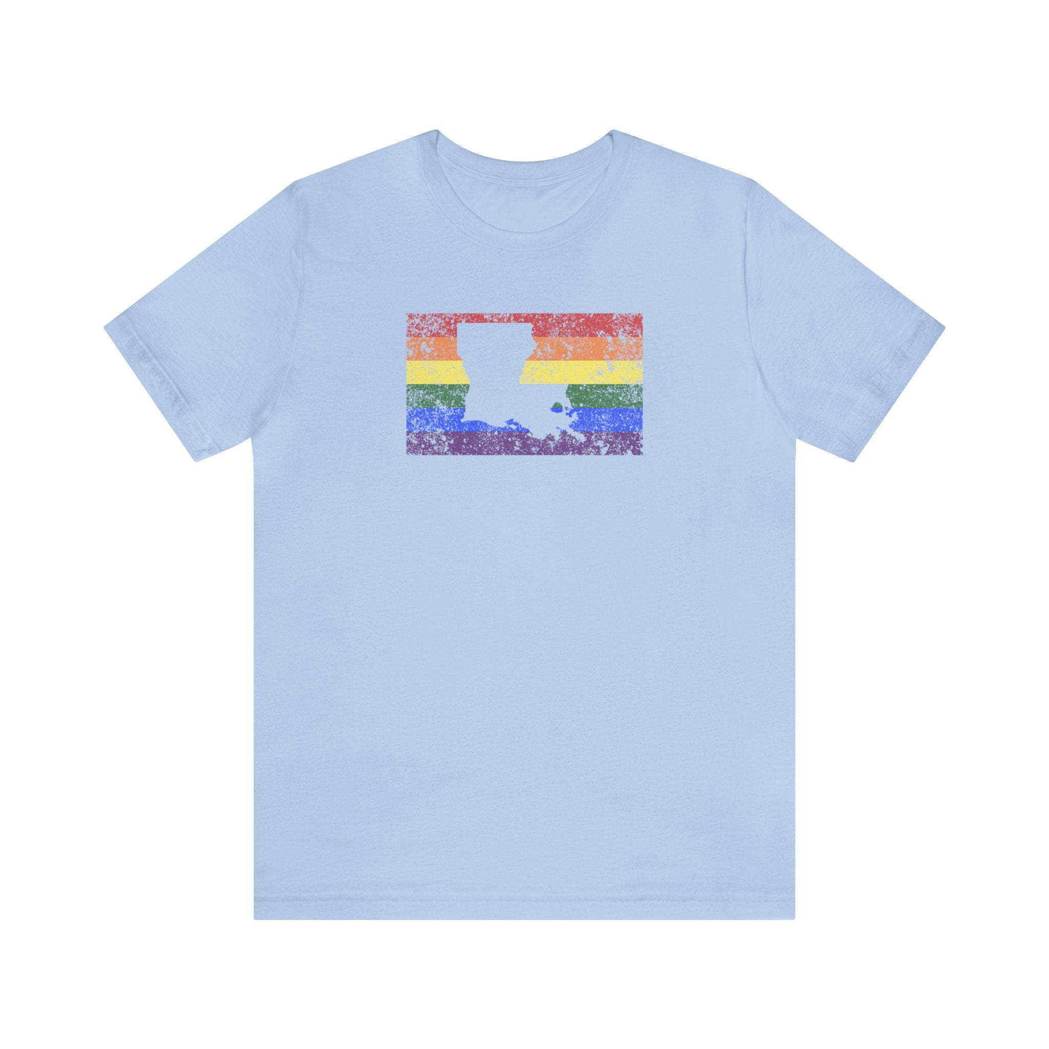 Louisiana Pride Flag Tee: Rainbow LGBTQ+ State Silhouette Distressed Shirt