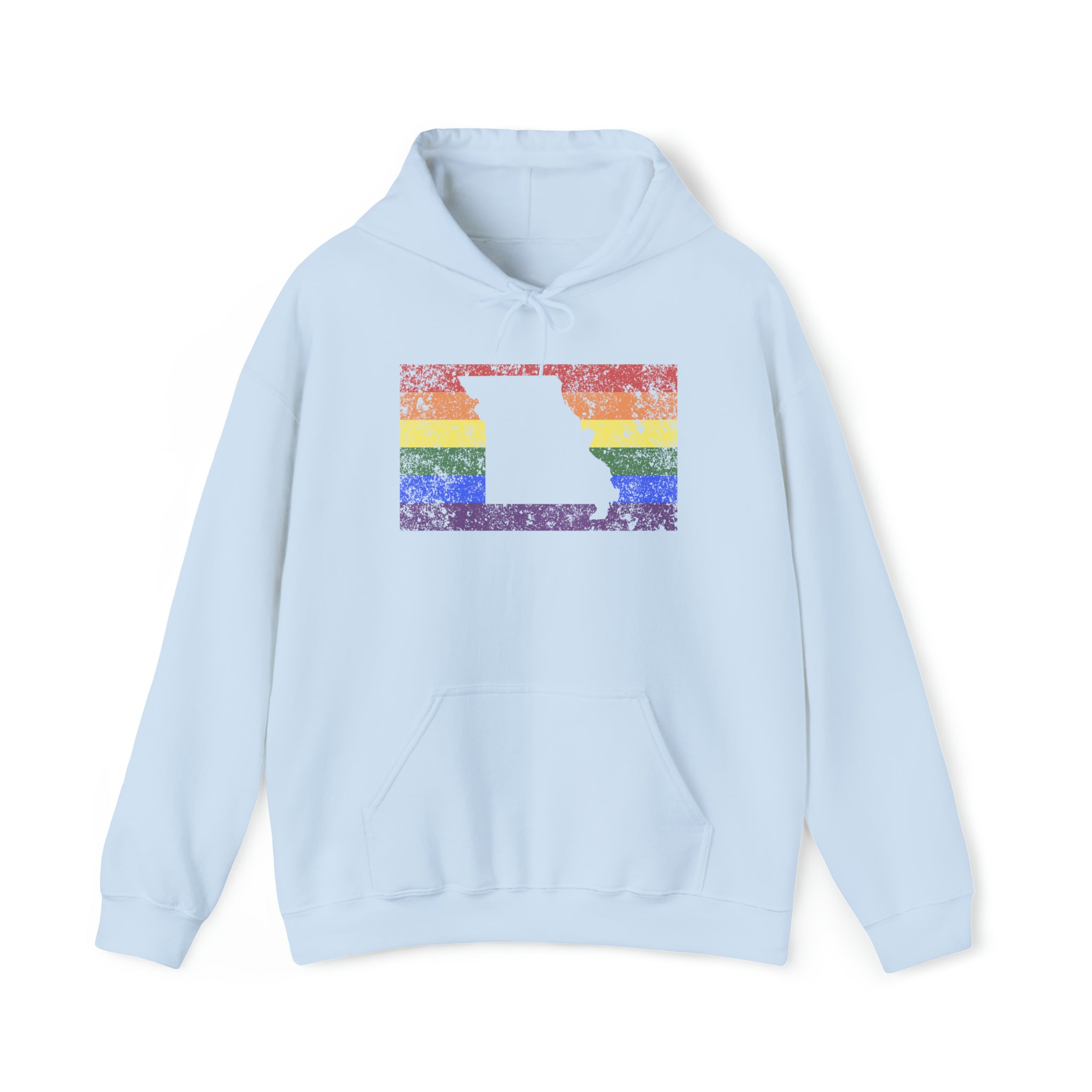 Missouri Pride Flag Hoodie: Rainbow LGBTQ+ State Silhouette Distressed Hooded Sweatshirt