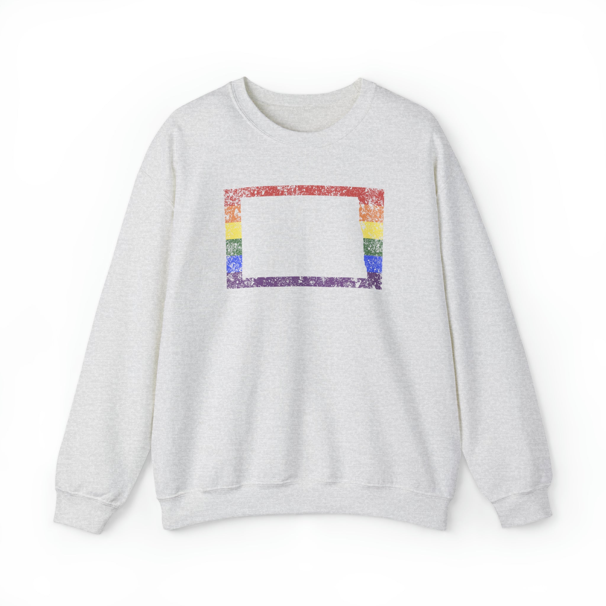 North Dakota Pride Flag Sweater: Rainbow LGBTQ+ State Silhouette Distressed Sweatshirt