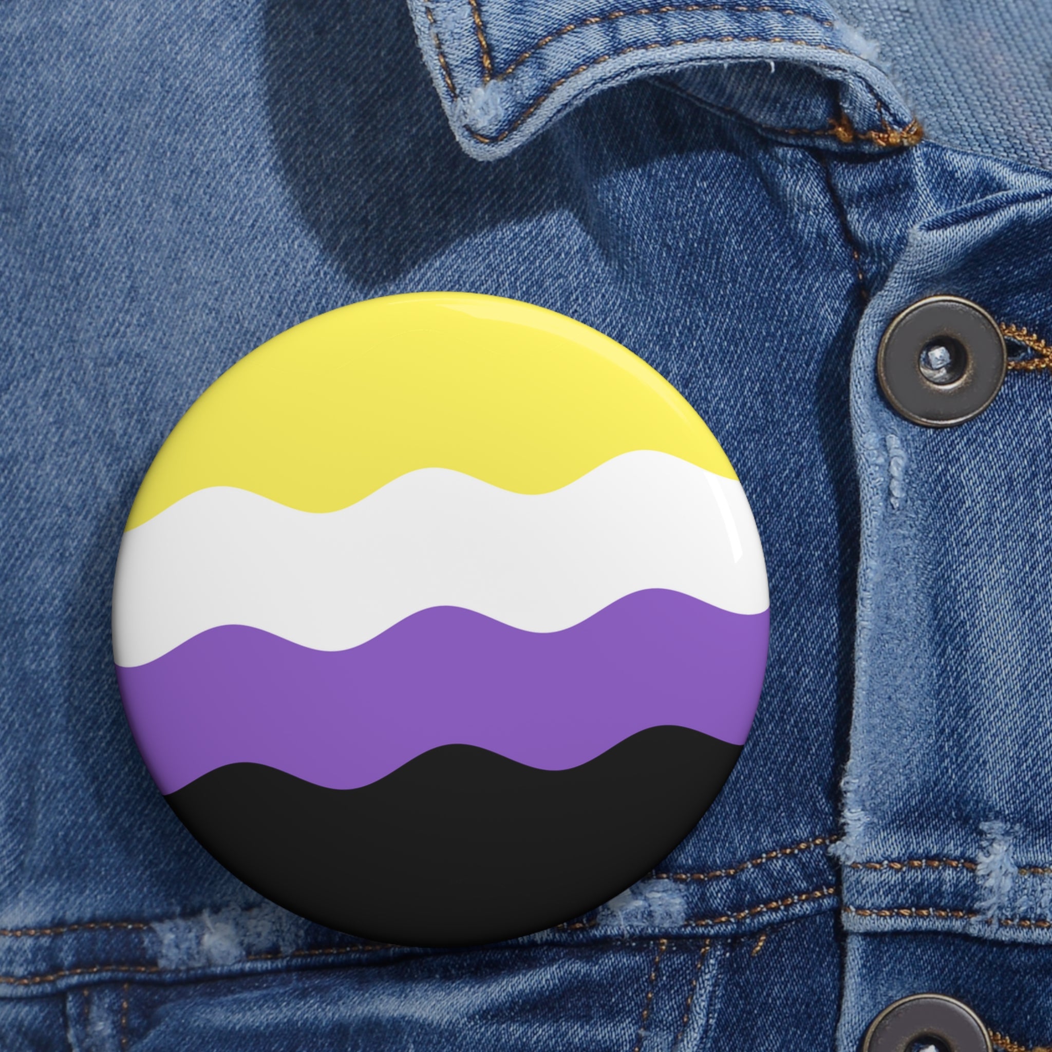 Nonbinary Pride Flag Pin: Round Button with Wavey Design