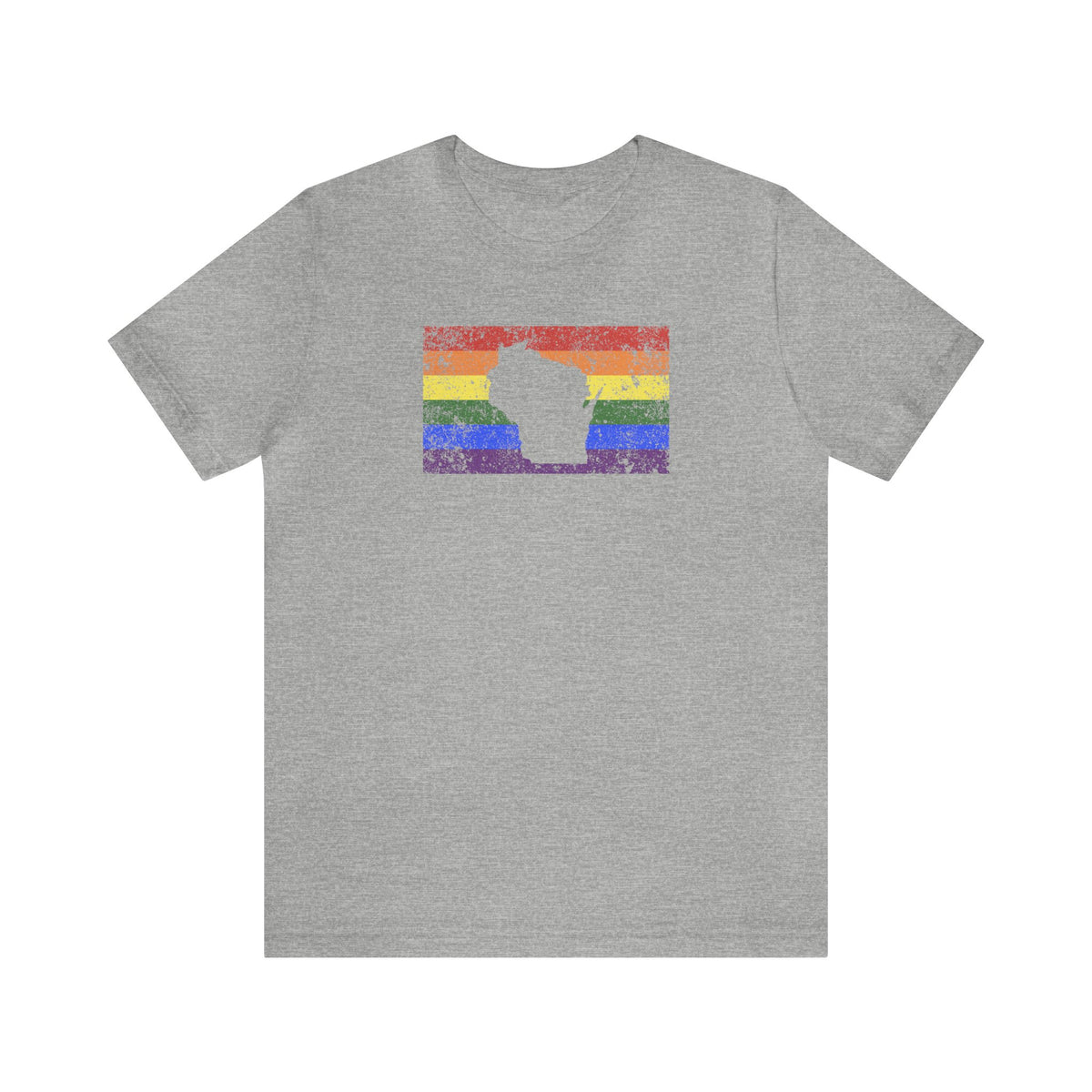 Wisconsin Pride Flag Tee: Rainbow LGBTQ+ State Silhouette Distressed Shirt