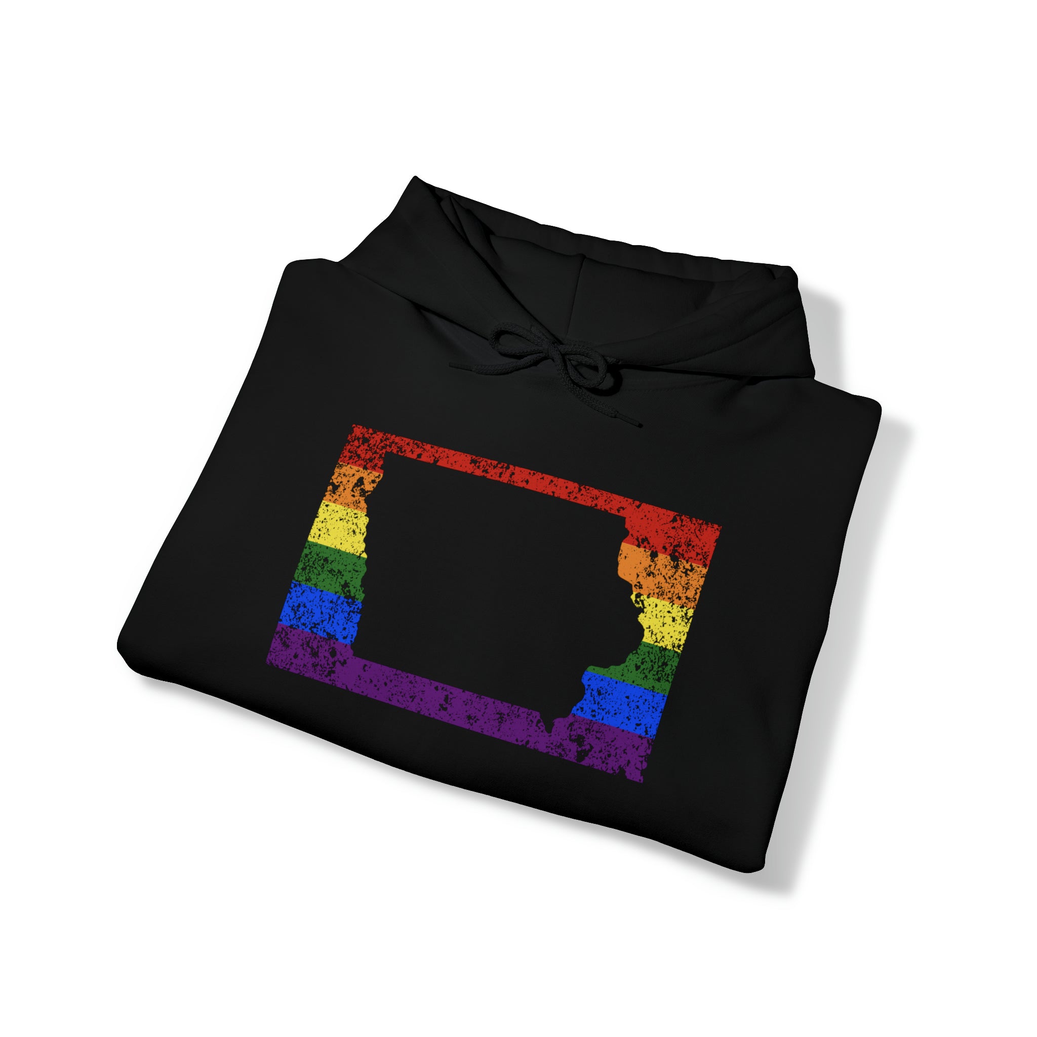 Iowa Pride Flag Hoodie: Rainbow LGBTQ+ State Silhouette Distressed Hooded Sweatshirt