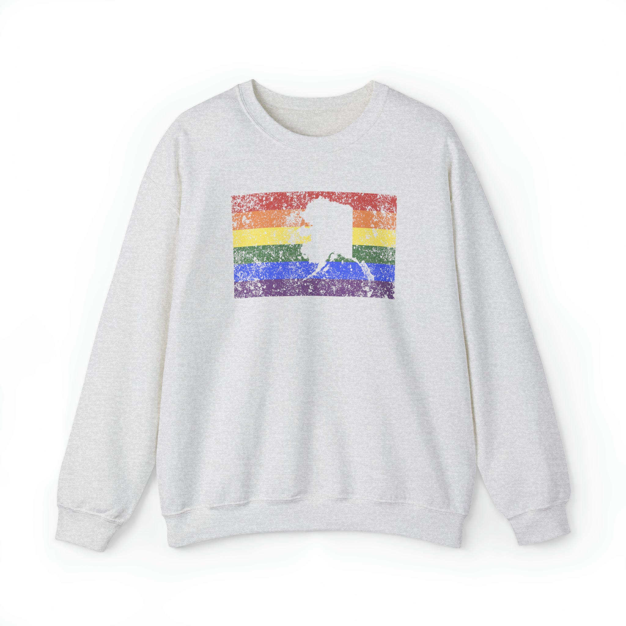 Alaska Pride Flag Sweater: Rainbow LGBTQ+ State Silhouette Distressed Sweatshirt