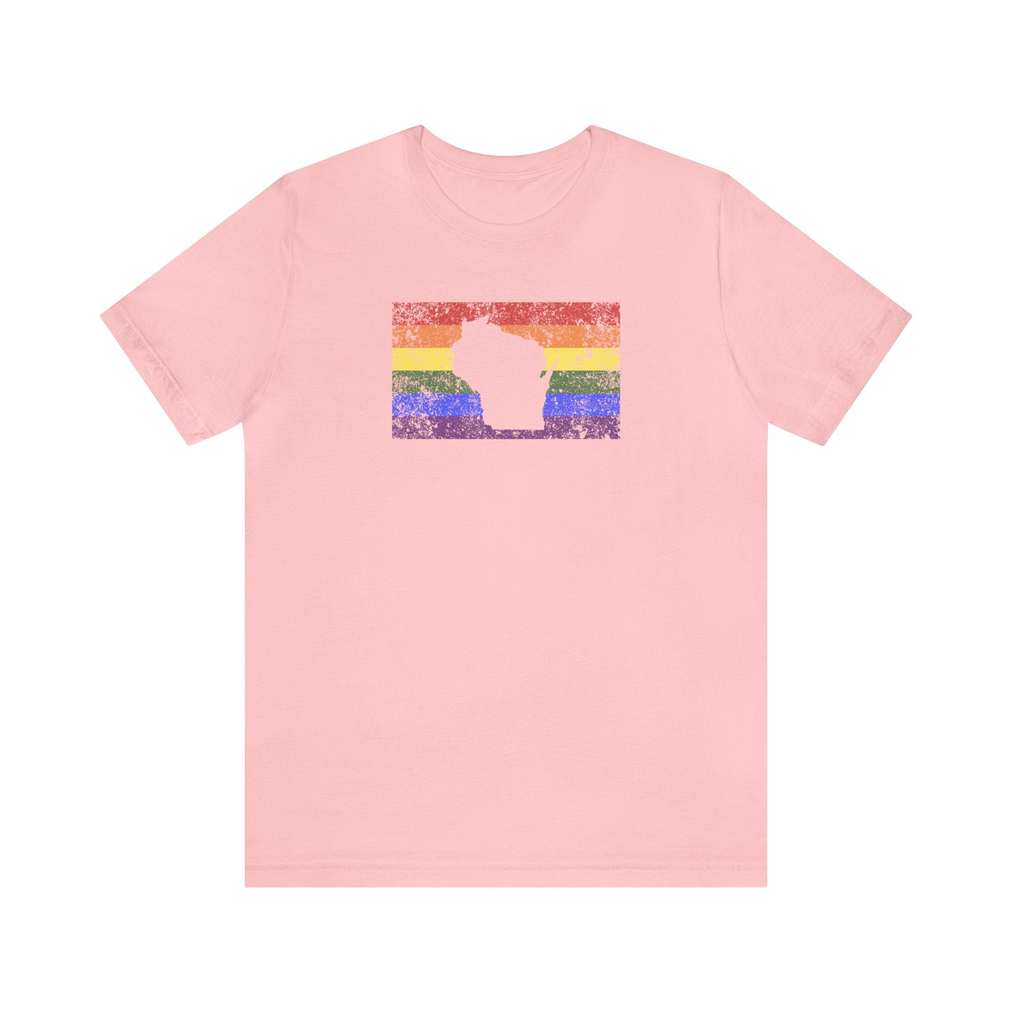 Wisconsin Pride Flag Tee: Rainbow LGBTQ+ State Silhouette Distressed Shirt