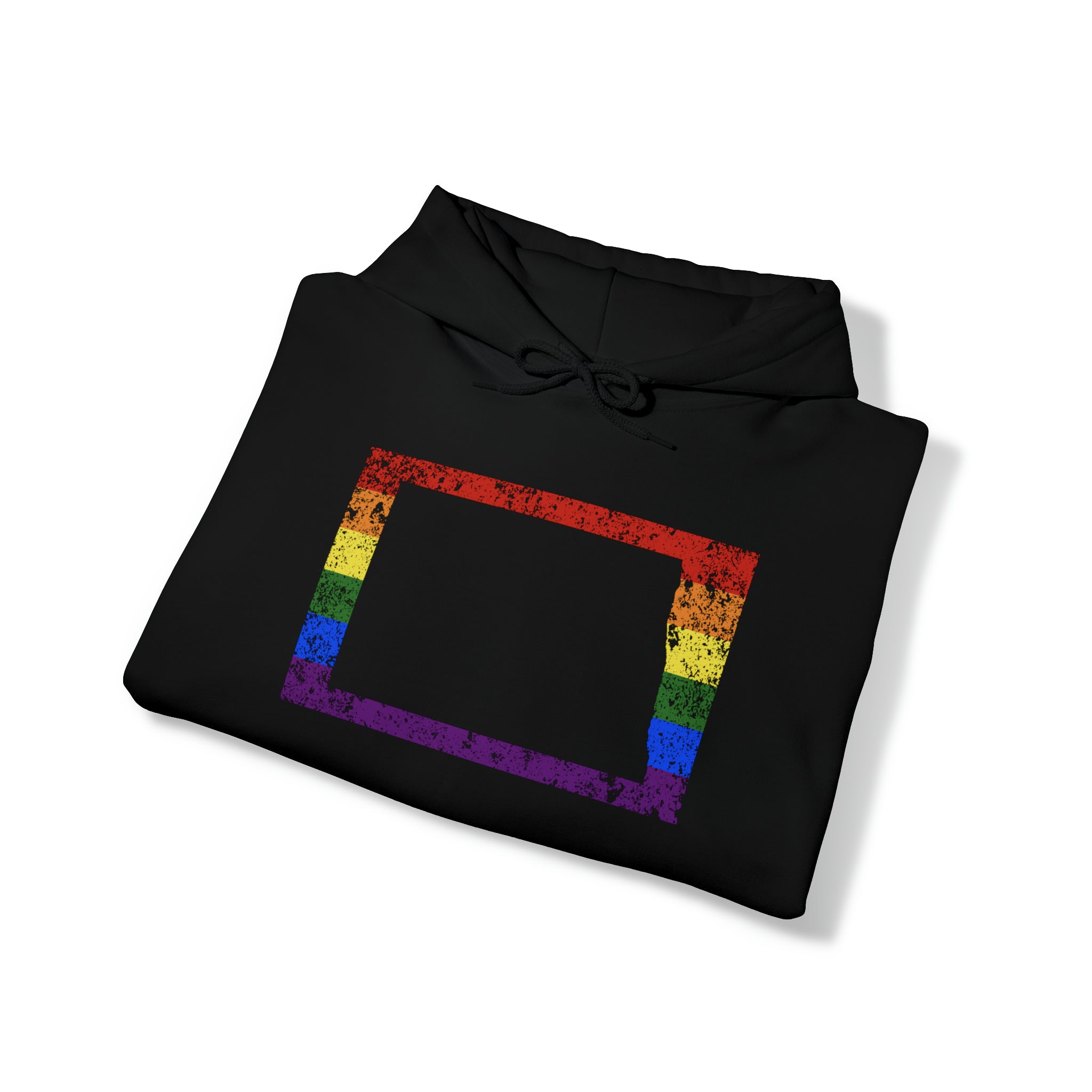 North Dakota Pride Flag Hoodie: Rainbow LGBTQ+ State Silhouette Distressed Hooded Sweatshirt